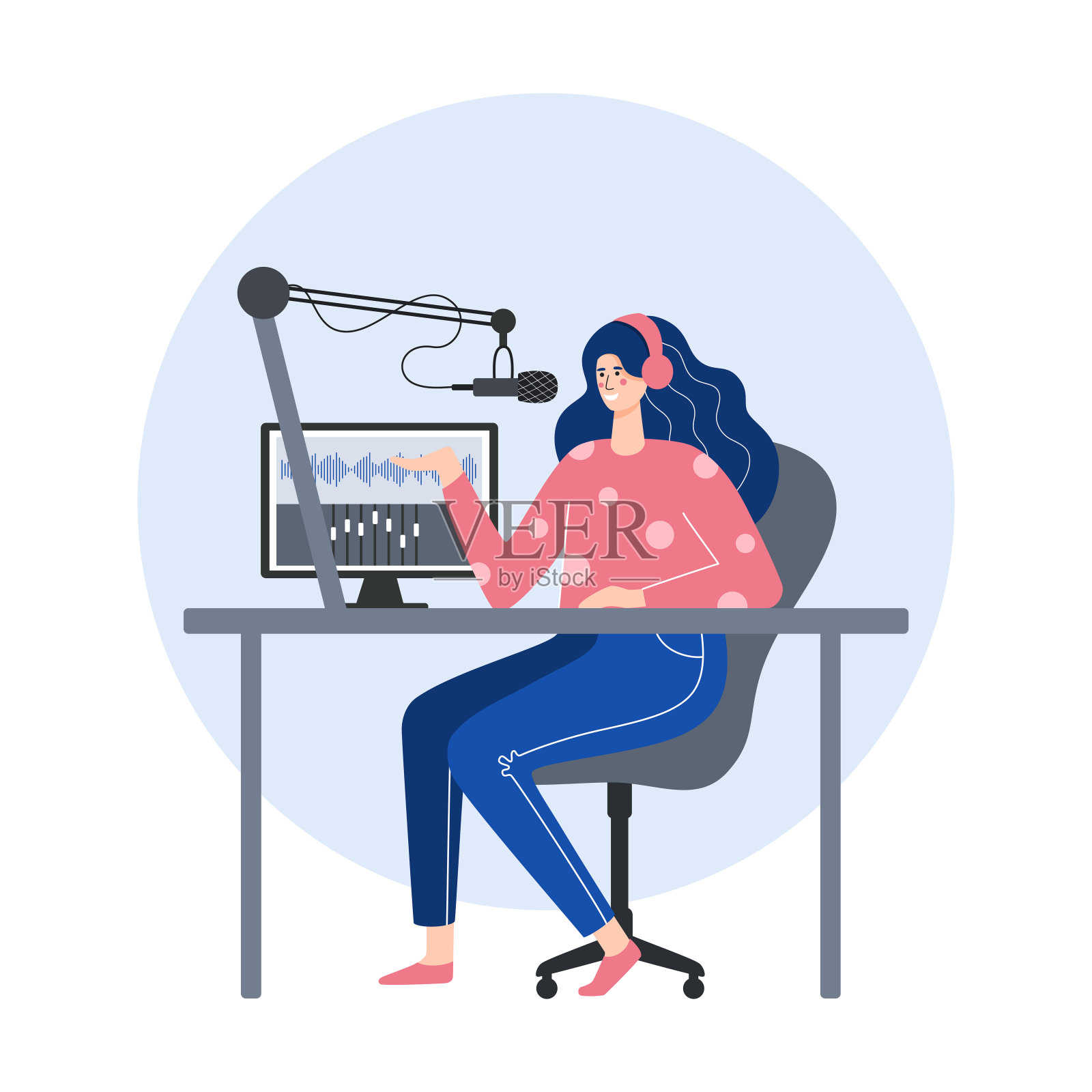 播客概念。一个女人戴着耳机在录音室录制播客。平面向量插图。插画图片素材