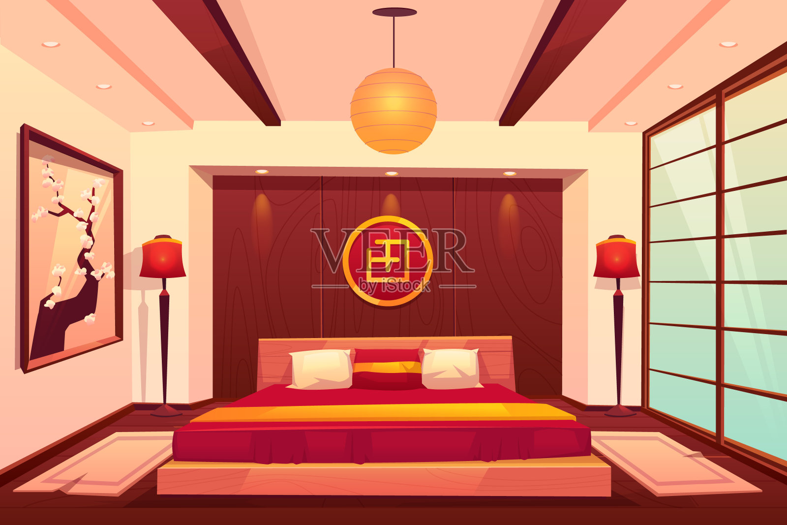 亚洲卧室，中国，日本，东方房间插画图片素材