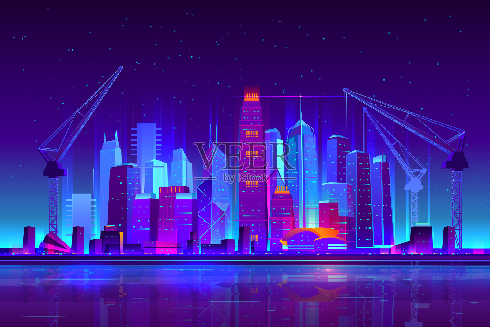 夜间霓虹灯城市建筑与施工起重机插画图片素材