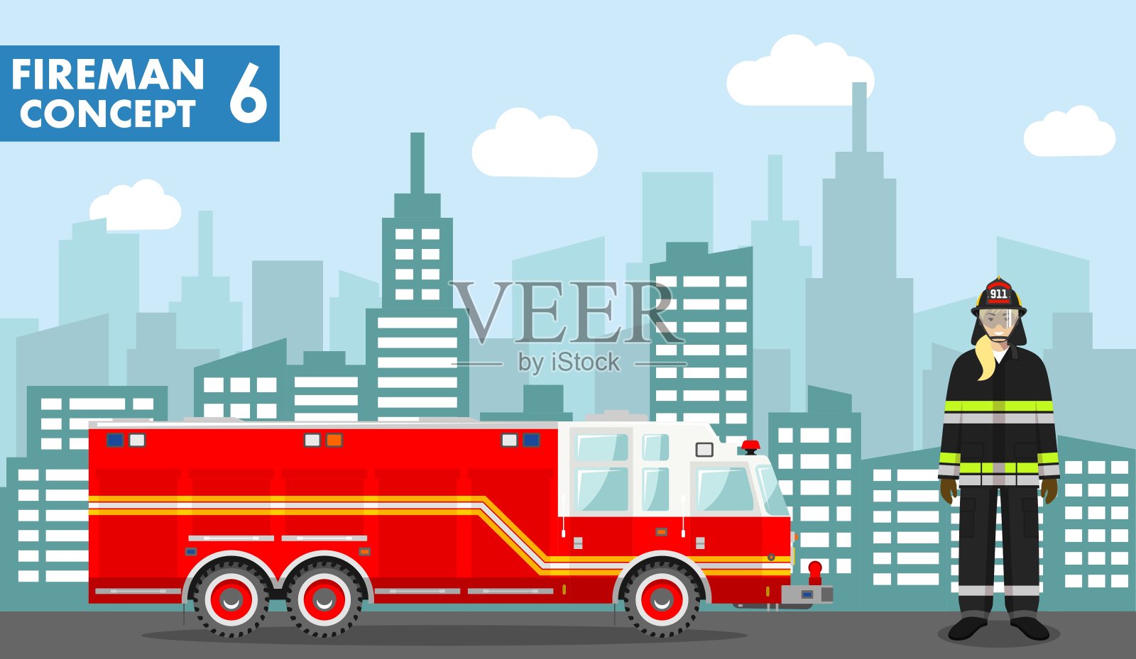 消防员的概念。详细说明的女性消防队员和消防车在平面风格的背景与城市景观。矢量插图。插画图片素材