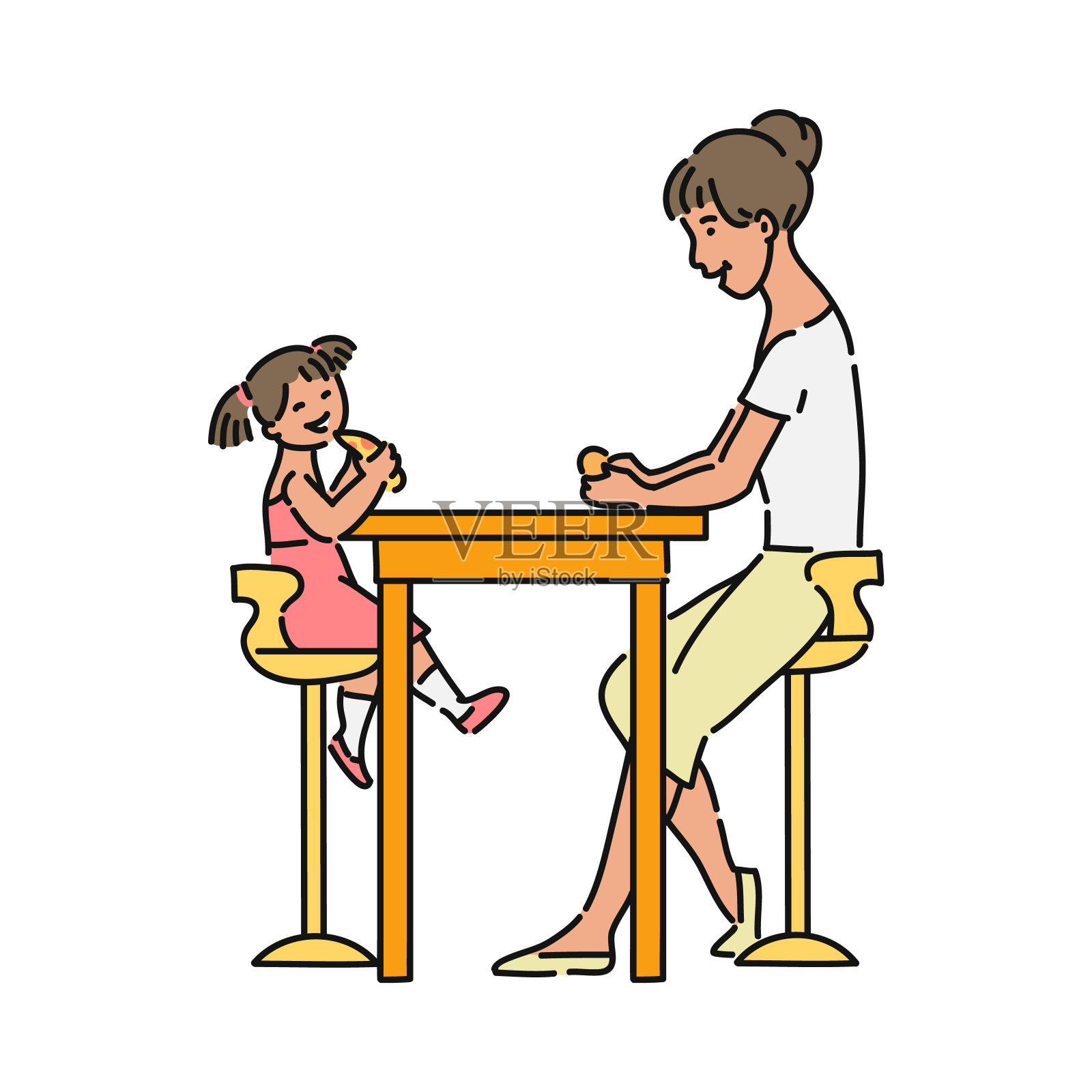 快乐的妈妈和女儿一起吃饭-卡通女人和小女孩插画图片素材