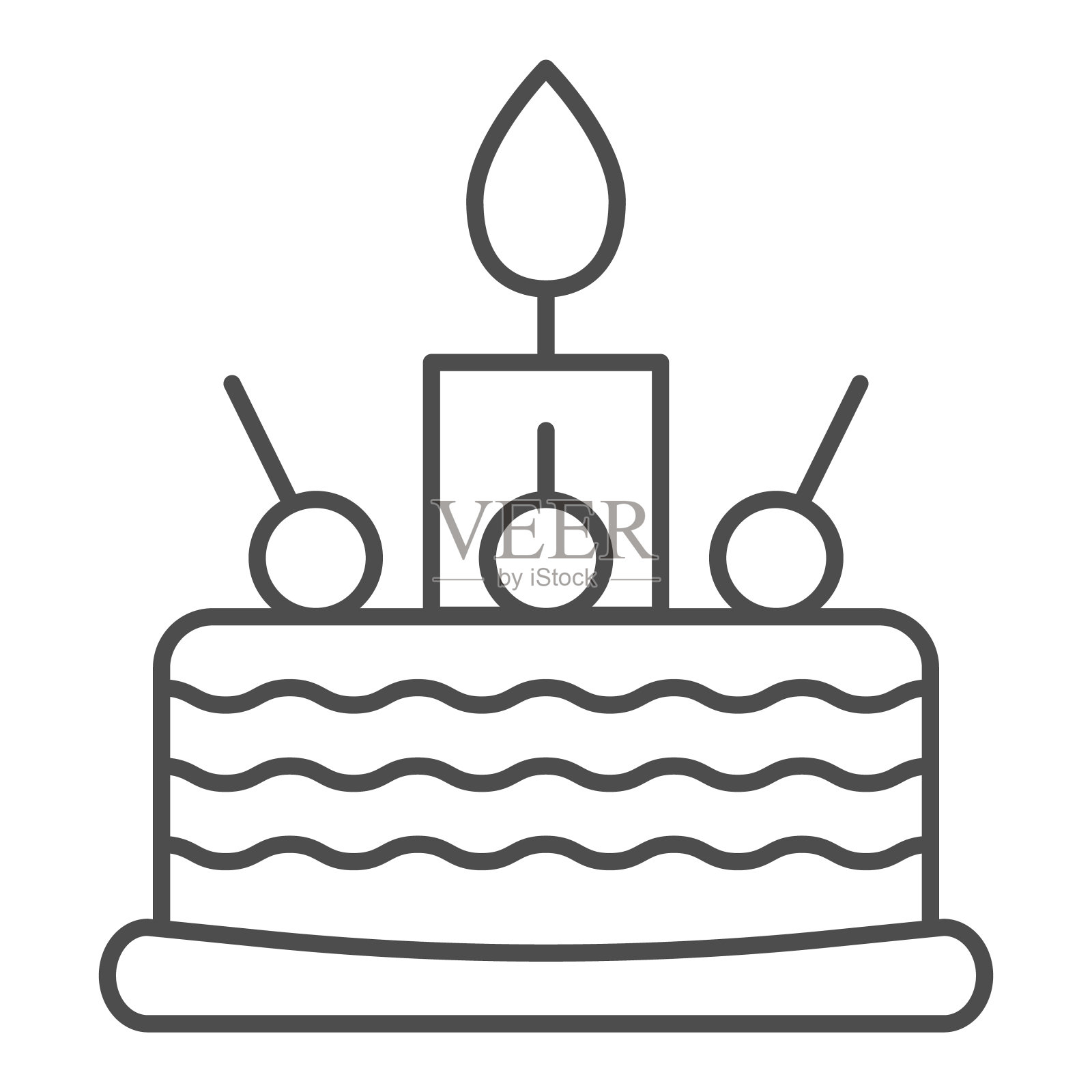 生日蛋糕细线图标。甜蜜的矢量插图孤立在白色。蛋糕与樱桃轮廓风格设计，设计为网页和应用程序。Eps 10。插画图片素材