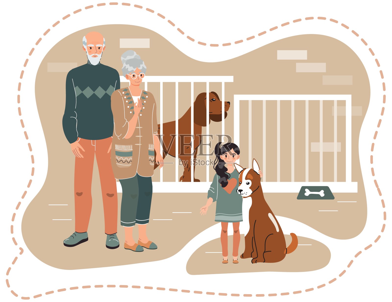 家庭从动物收容所领养狗，女孩与祖父母矢量插图插画图片素材