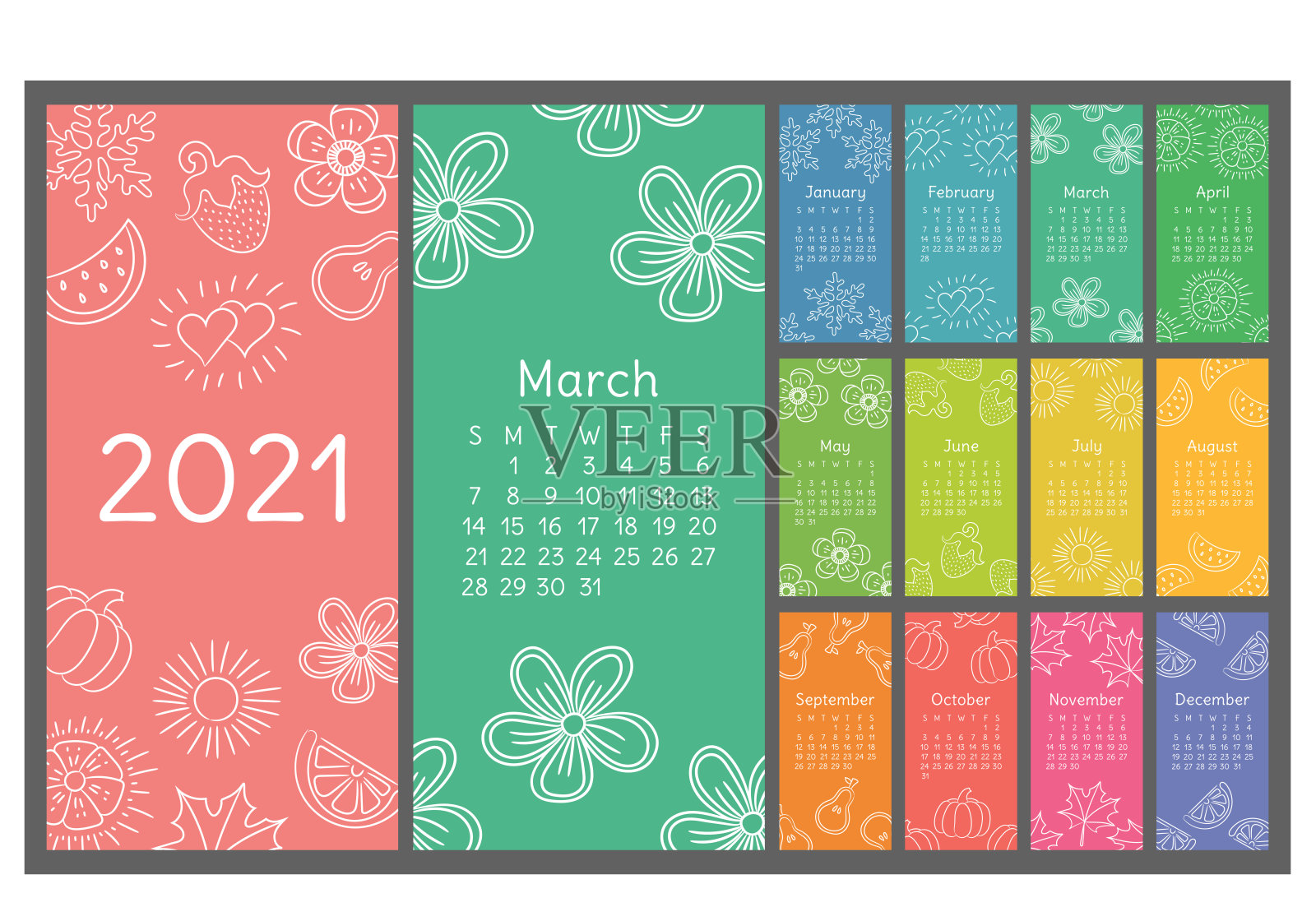 日历2021彩色手绘草图。涂鸦花、心、叶、草莓、西瓜、太阳、雪花、南瓜、梨。薄刷图设计模板素材