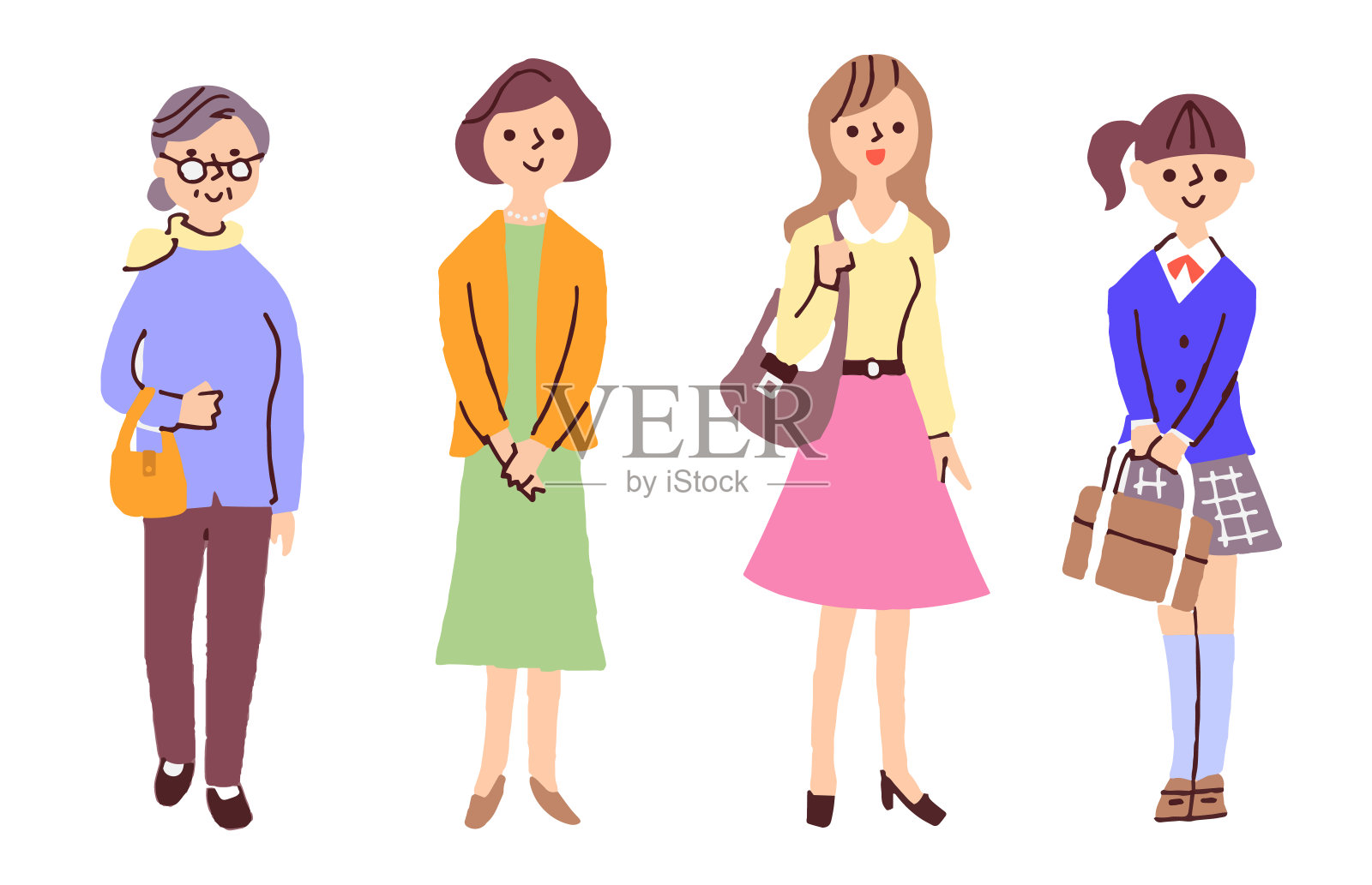 四个不同年代的女人插画图片素材