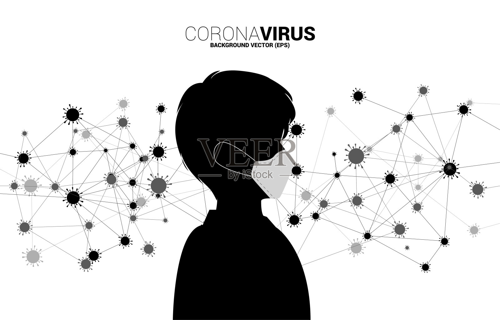 剪影男子与微粒或科拉纳病毒背景。插画图片素材