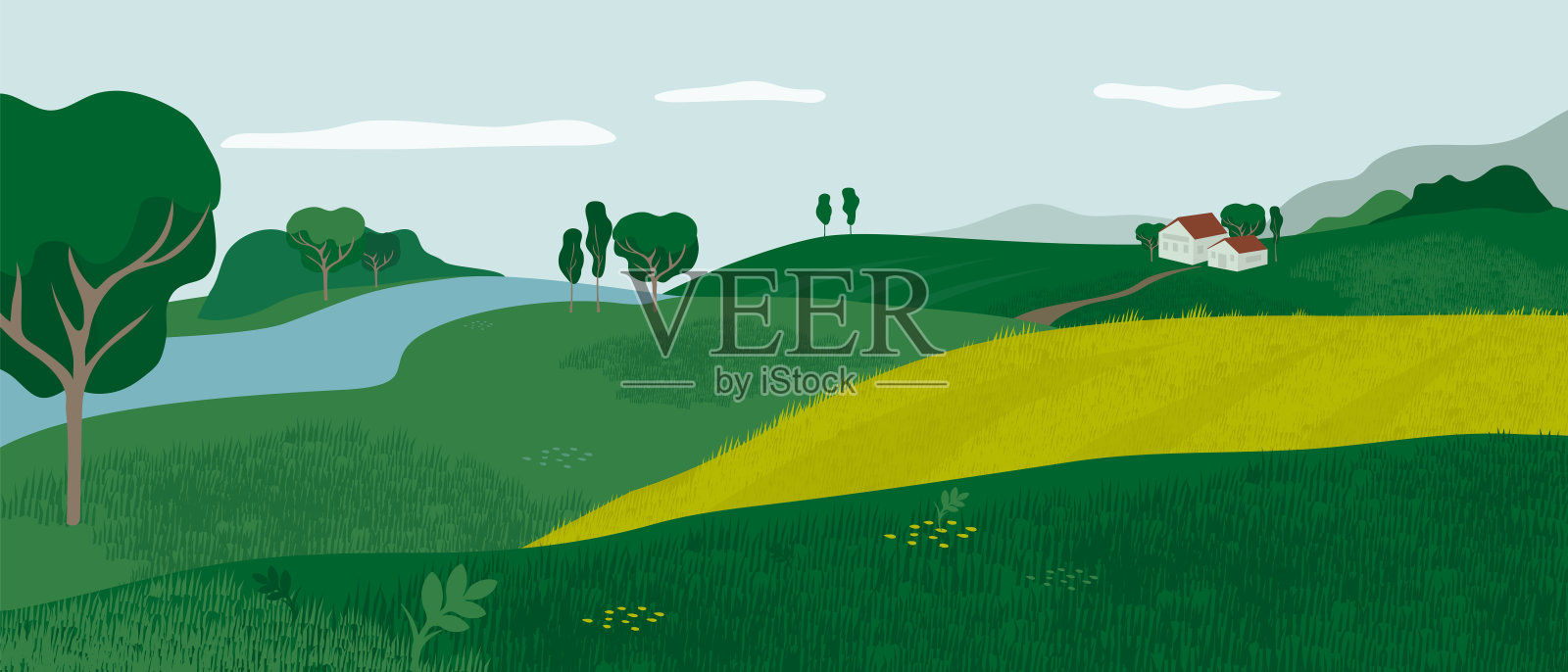 高山景观与绿色山谷和房子的插图插画图片素材