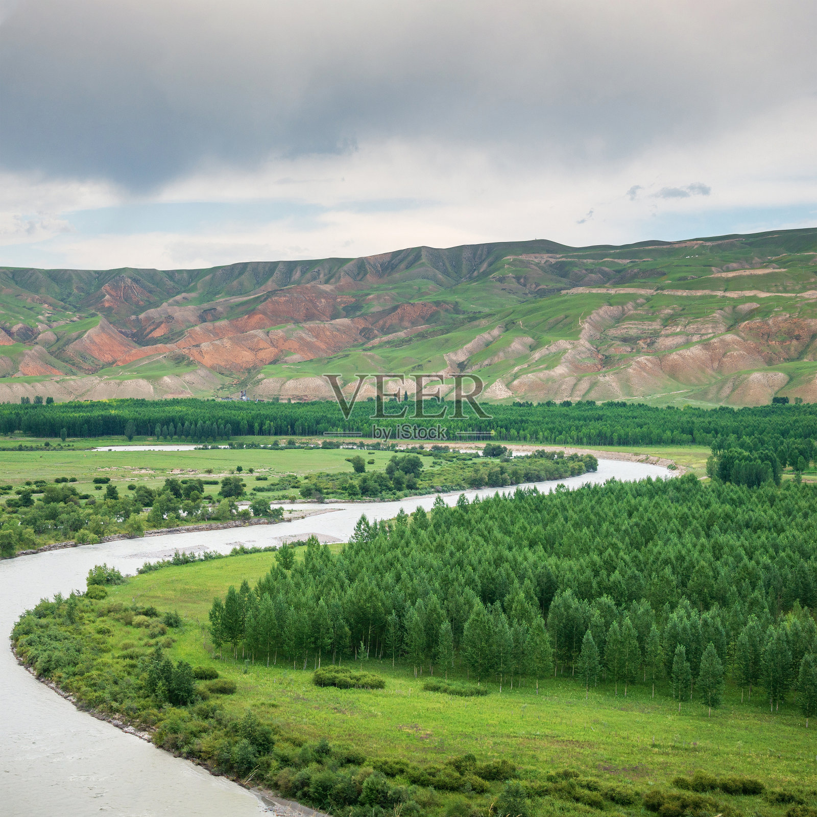 翠绿清新的森林，蜿蜒的河流照片摄影图片