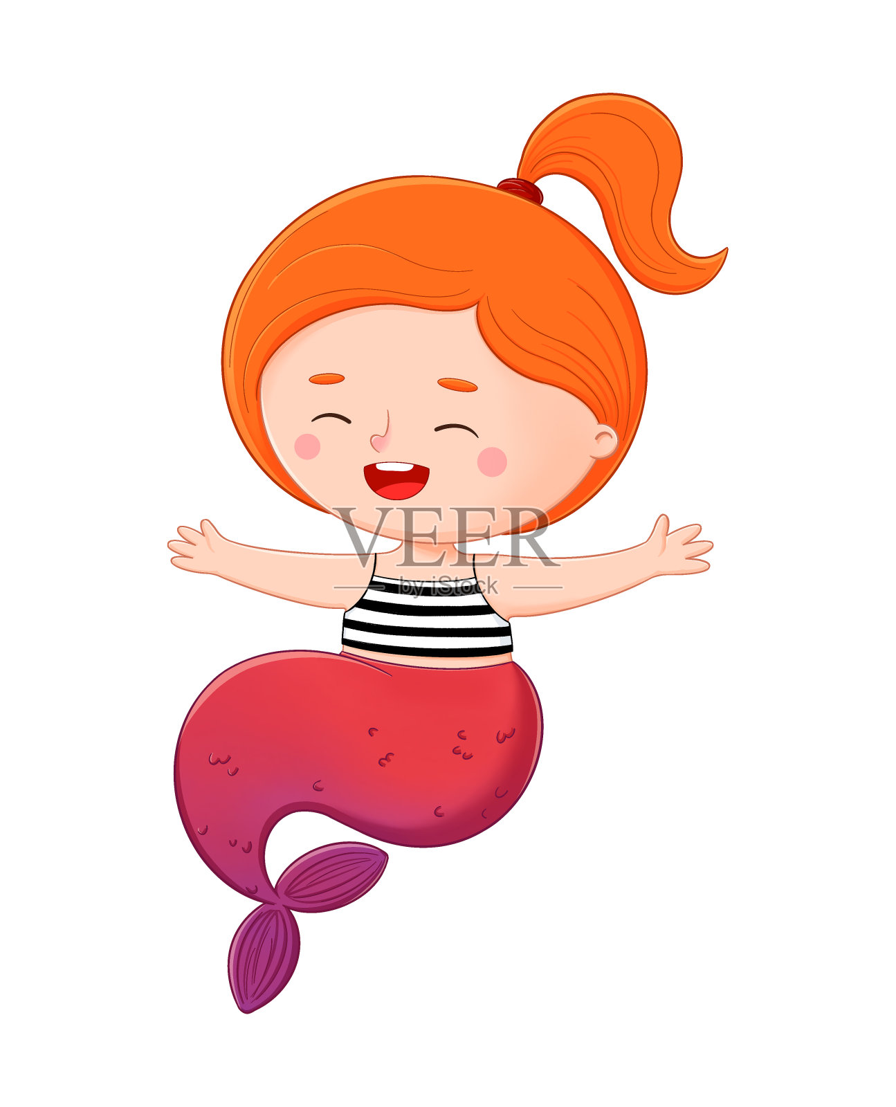 可爱的小红发美人鱼插图。数字色彩斑斓的水下童话卡通人物插画图片素材