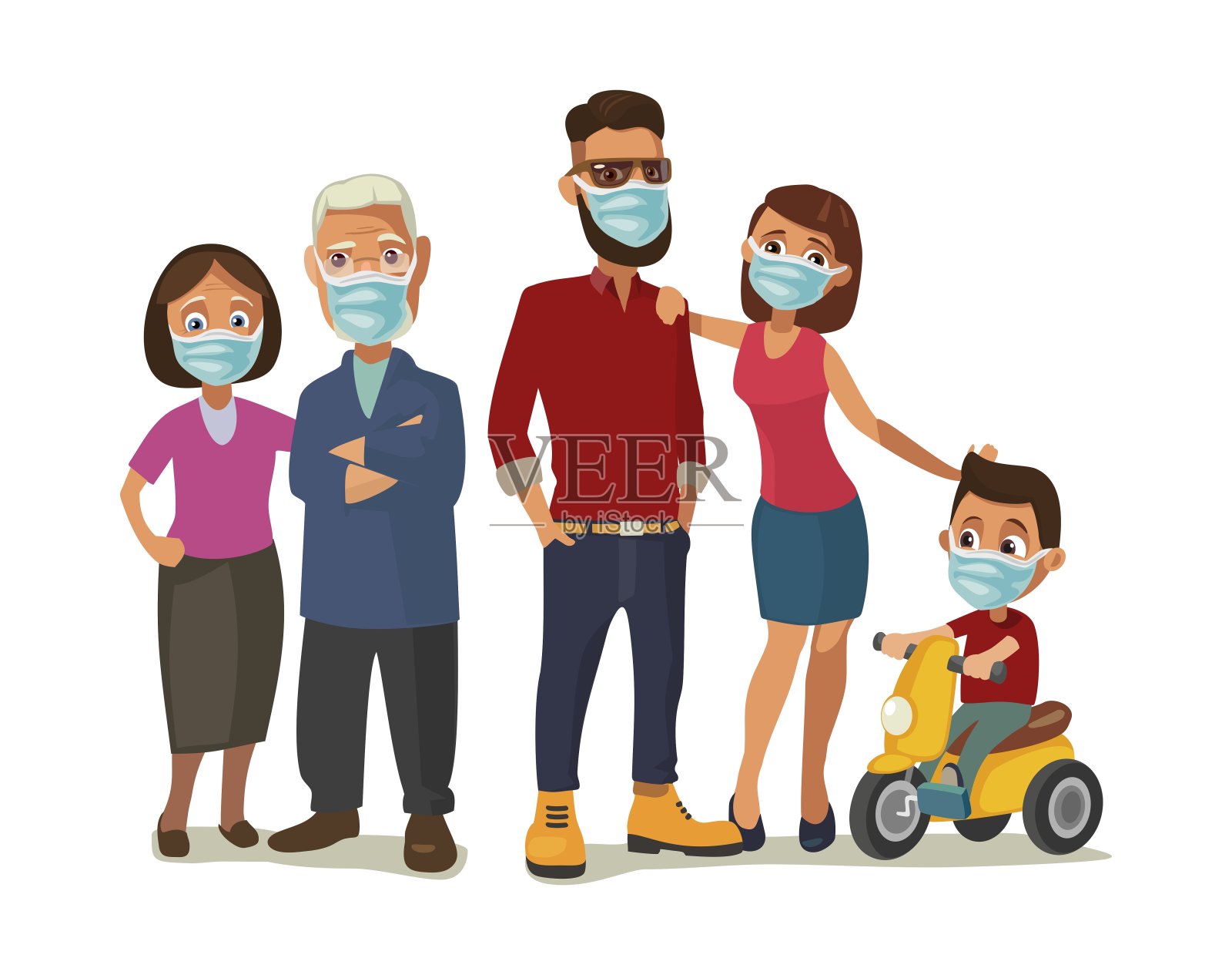戴着蓝色医用口罩的家人彩色平面矢量插图设计元素图片
