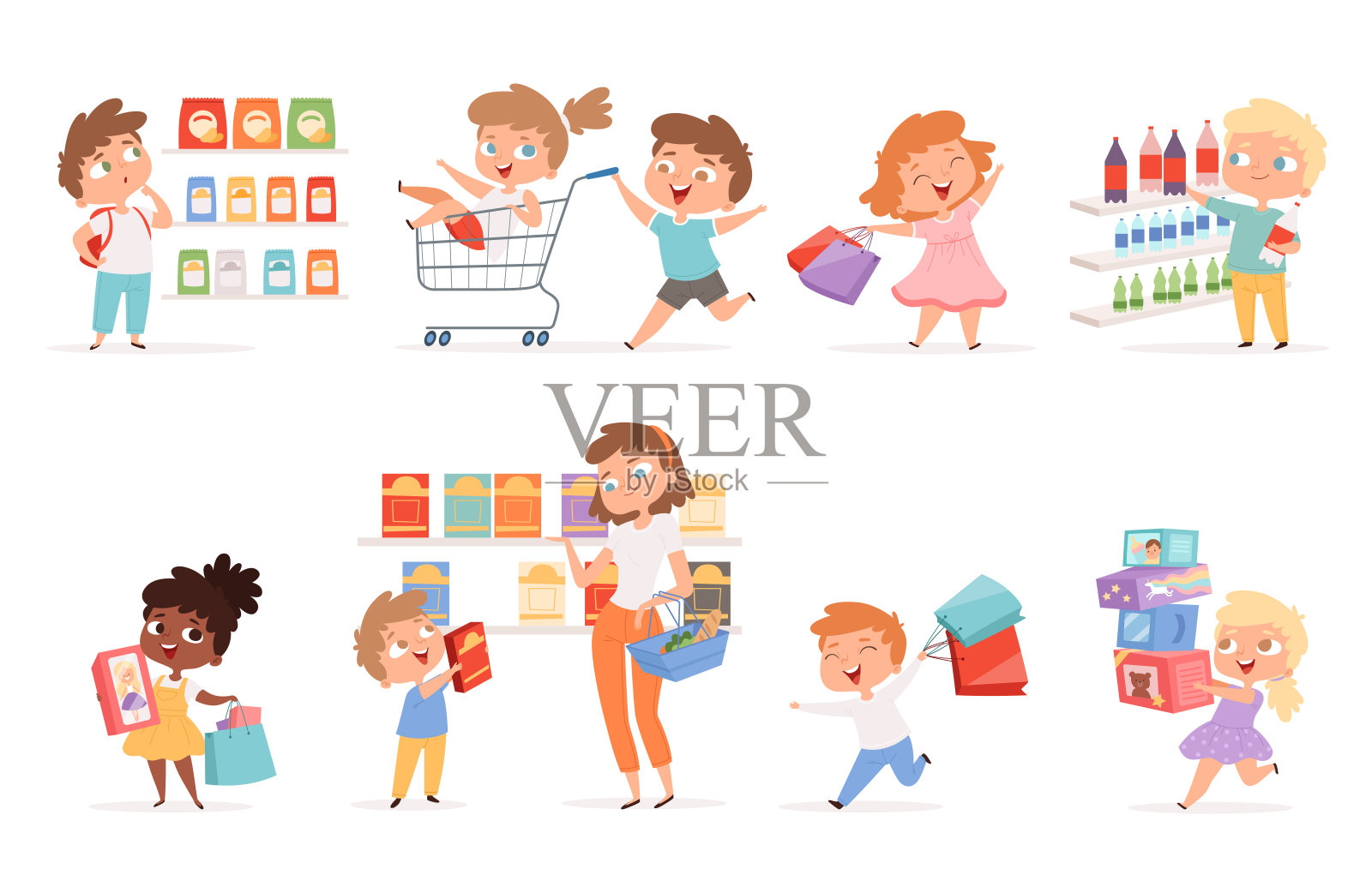杂货店的孩子。家长带着孩子购物，购买矢量玩具和卡通图片设计元素图片