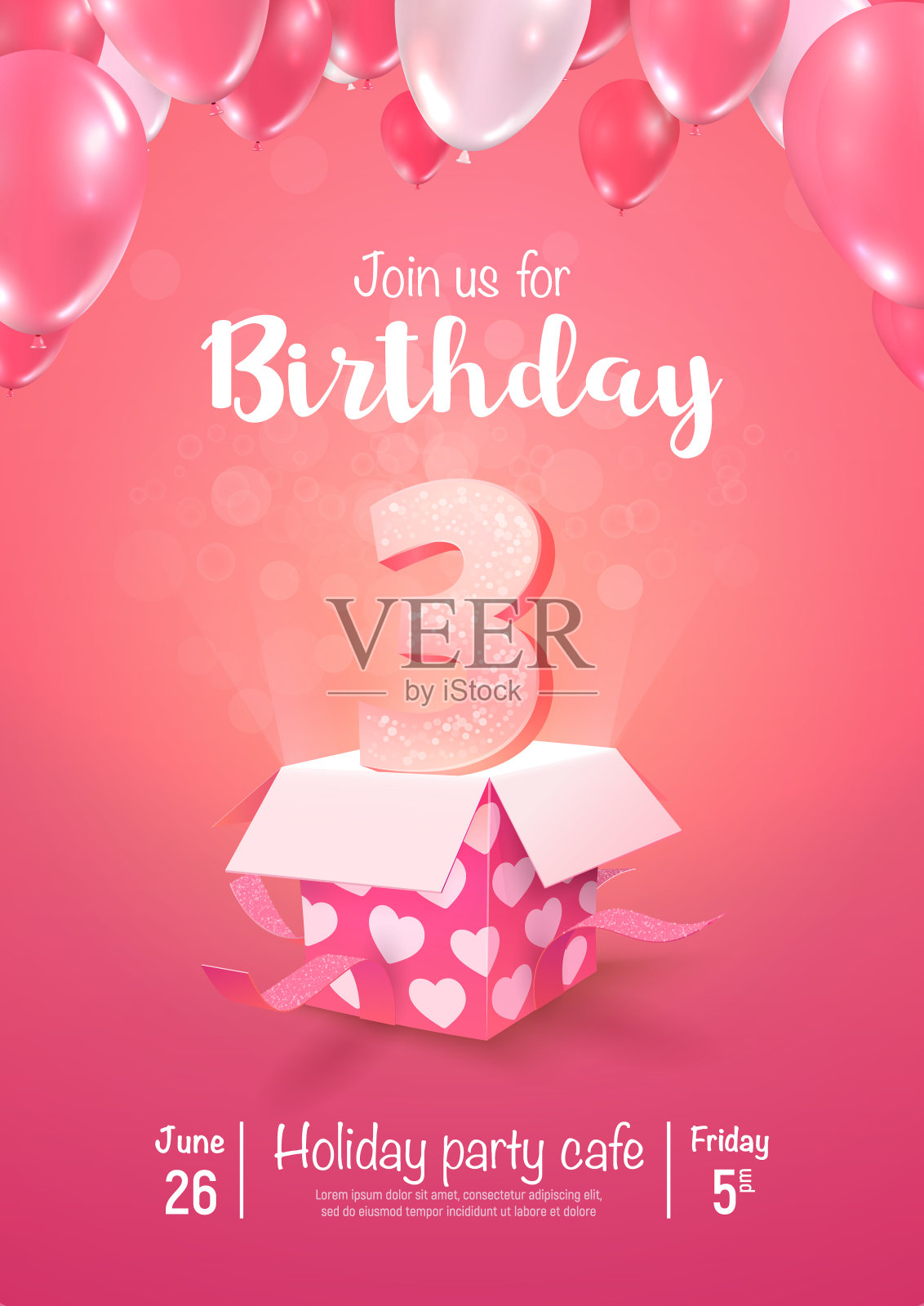 庆祝3年生日矢量3d插图在软背景。三周年庆典和打开礼品盒气球海报模板设计模板素材