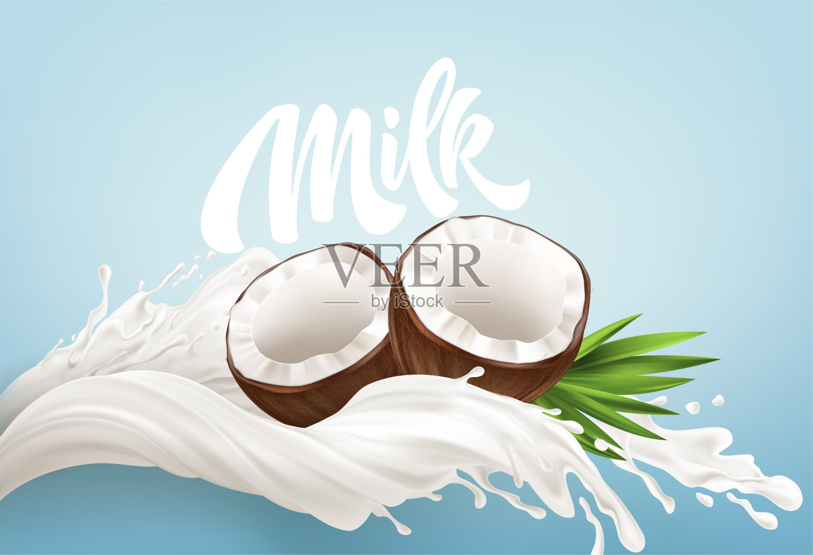 真实爆发的牛奶和椰子在蓝色的背景。牛奶书写字体书法字体。矢量图插画图片素材