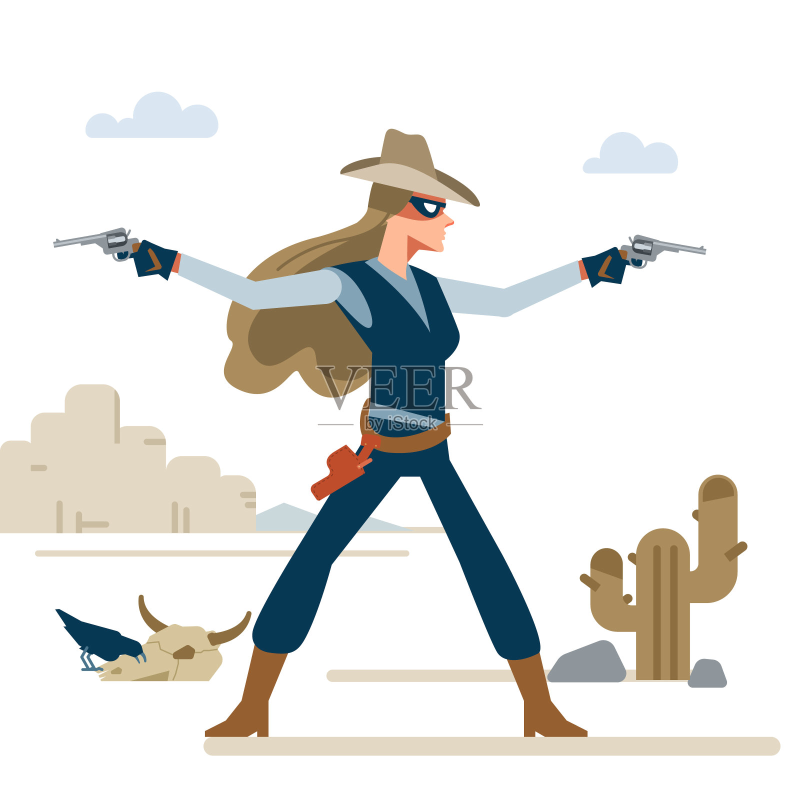 西部女牛仔在枪战中手持两把左轮手枪。卡通矢量插图。平的风格。在白色背景上隔离插画图片素材