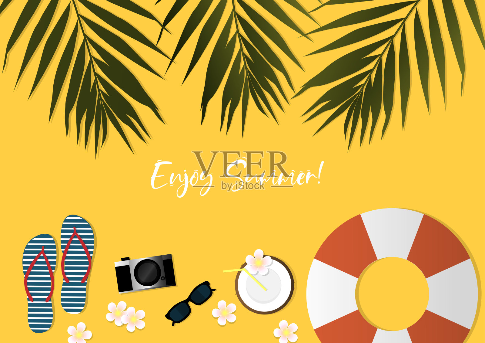 以热带树叶、相机、拖鞋、椰汁、太阳镜、救生圈和花朵为背景的夏季度假矢量设计插画图片素材
