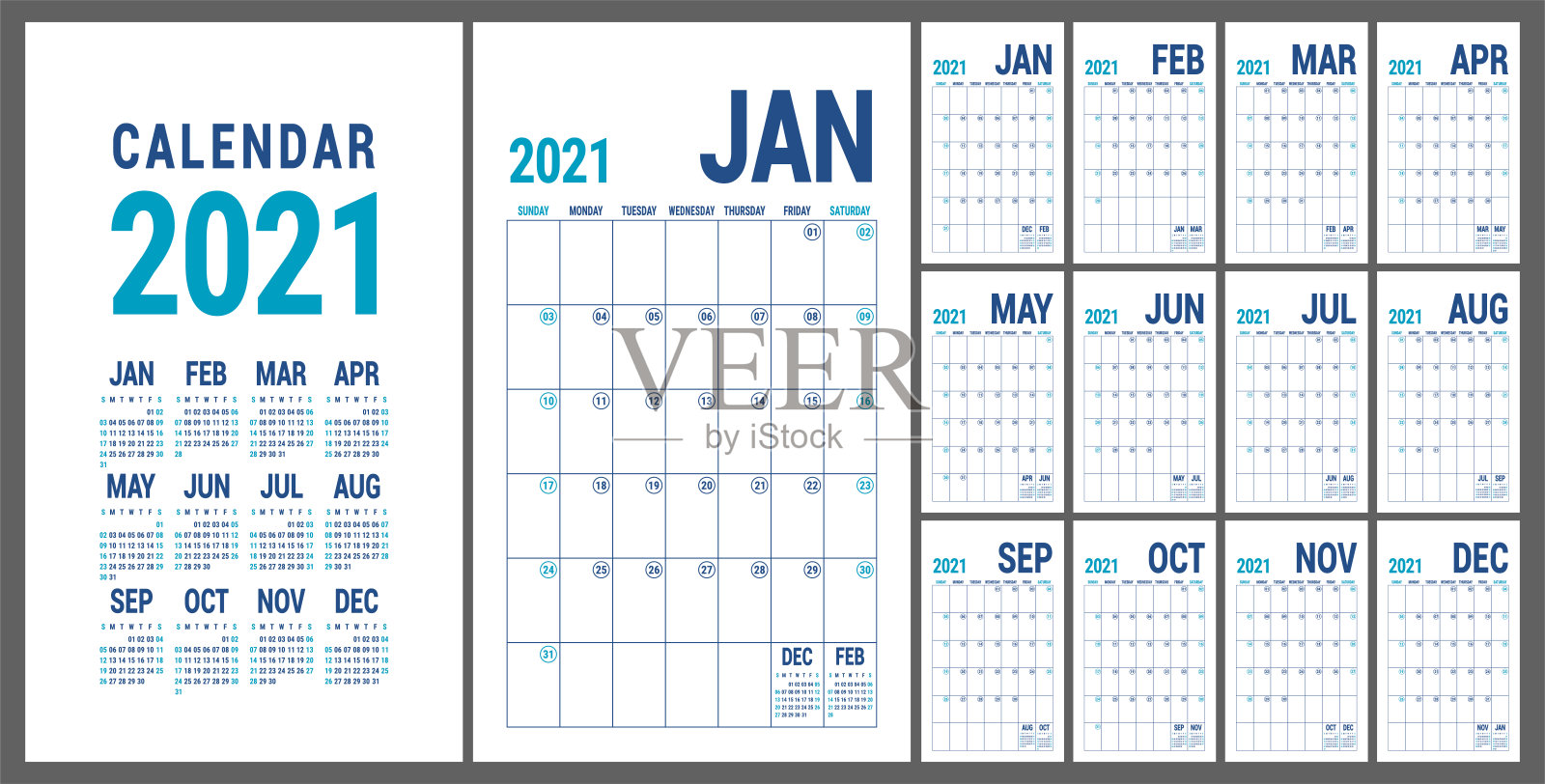 2021年日历。英语日历模板。矢量网格。办公室业务规划。创意设计。蓝色设计模板素材