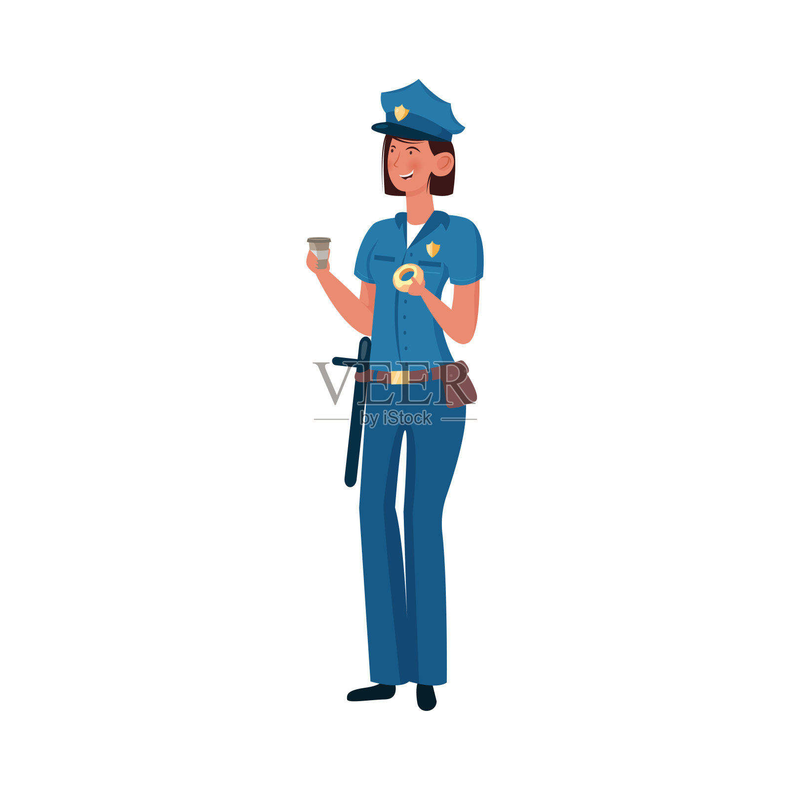 一名身穿蓝色制服的警官正拿着一杯咖啡和甜甜圈站在那里。矢量插图上的白色背景。设计元素图片