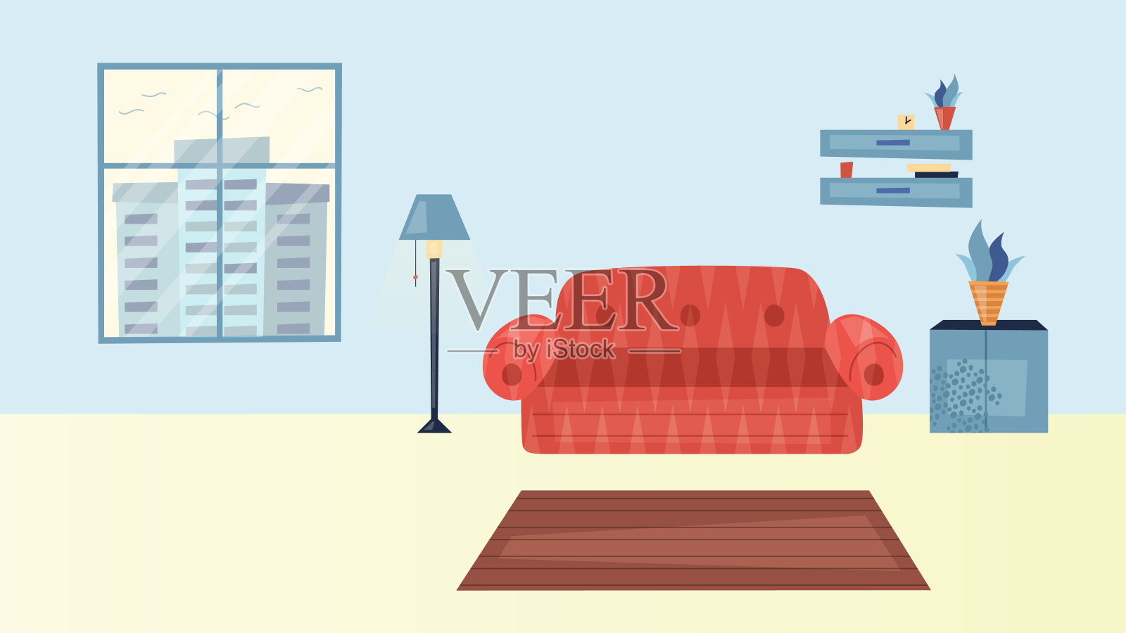 舒适的客厅室内概念。现代家居内饰，沙发，地毯，窗户与城市景观。现代极简斯堪的纳维亚风格的客厅。卡通平的风格。矢量图插画图片素材