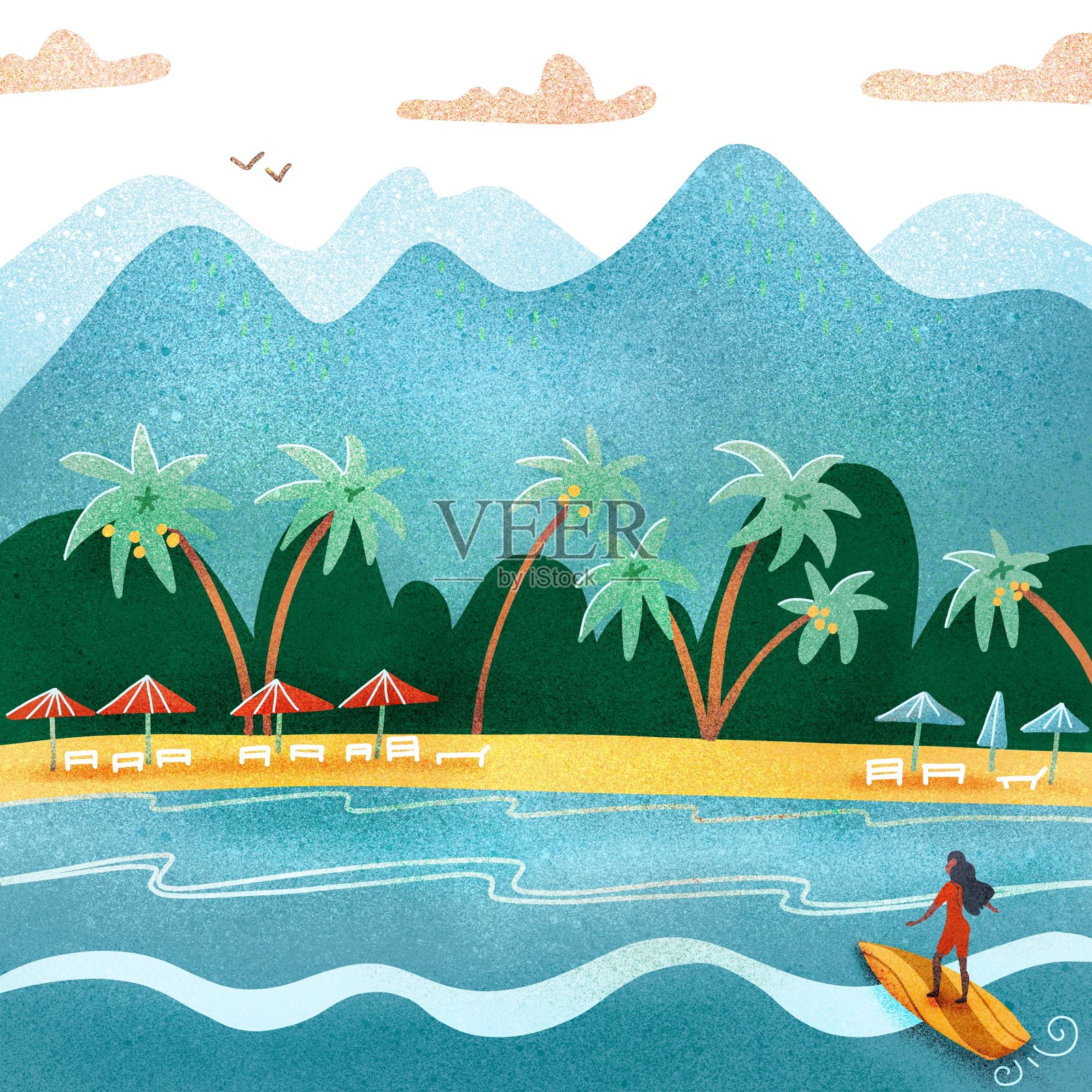 夏天海滩风景。海岸边的游客日光浴床，山上的遮阳伞和棕榈树。度假，放松，大海，阳光，棕榈树。冲浪的女孩。变形平面插图插画图片素材