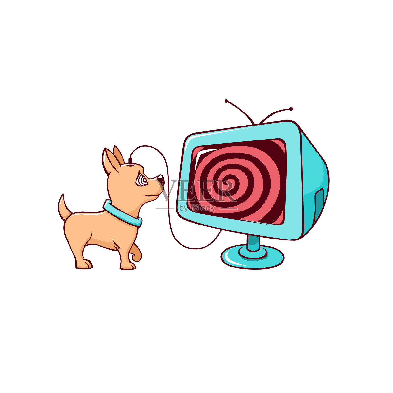 卡通可爱的小狗沉迷于电视矢量图形插图插画图片素材