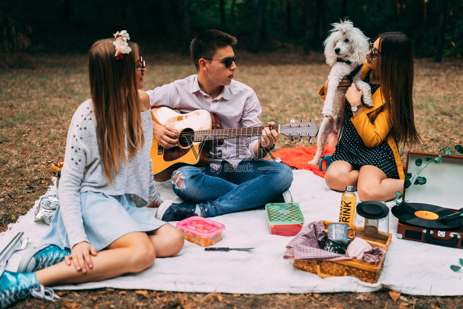 一群青少年带着狮子狗在野餐时弹吉他照片摄影图片