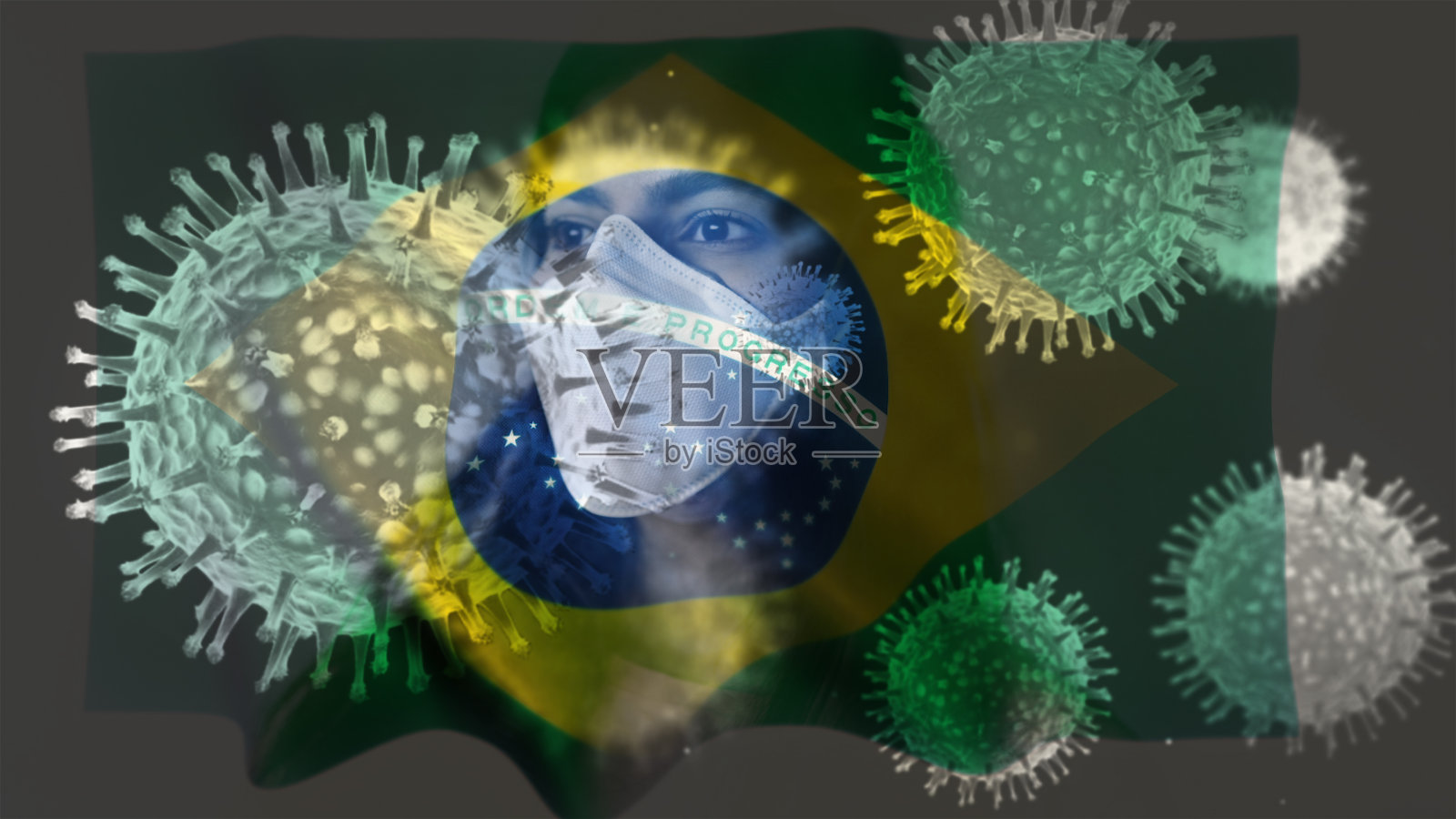 冠状病毒2019-nCov新型冠状病毒概念运动背景，耐心佩戴防护口罩和巴西国旗覆盖。照片摄影图片