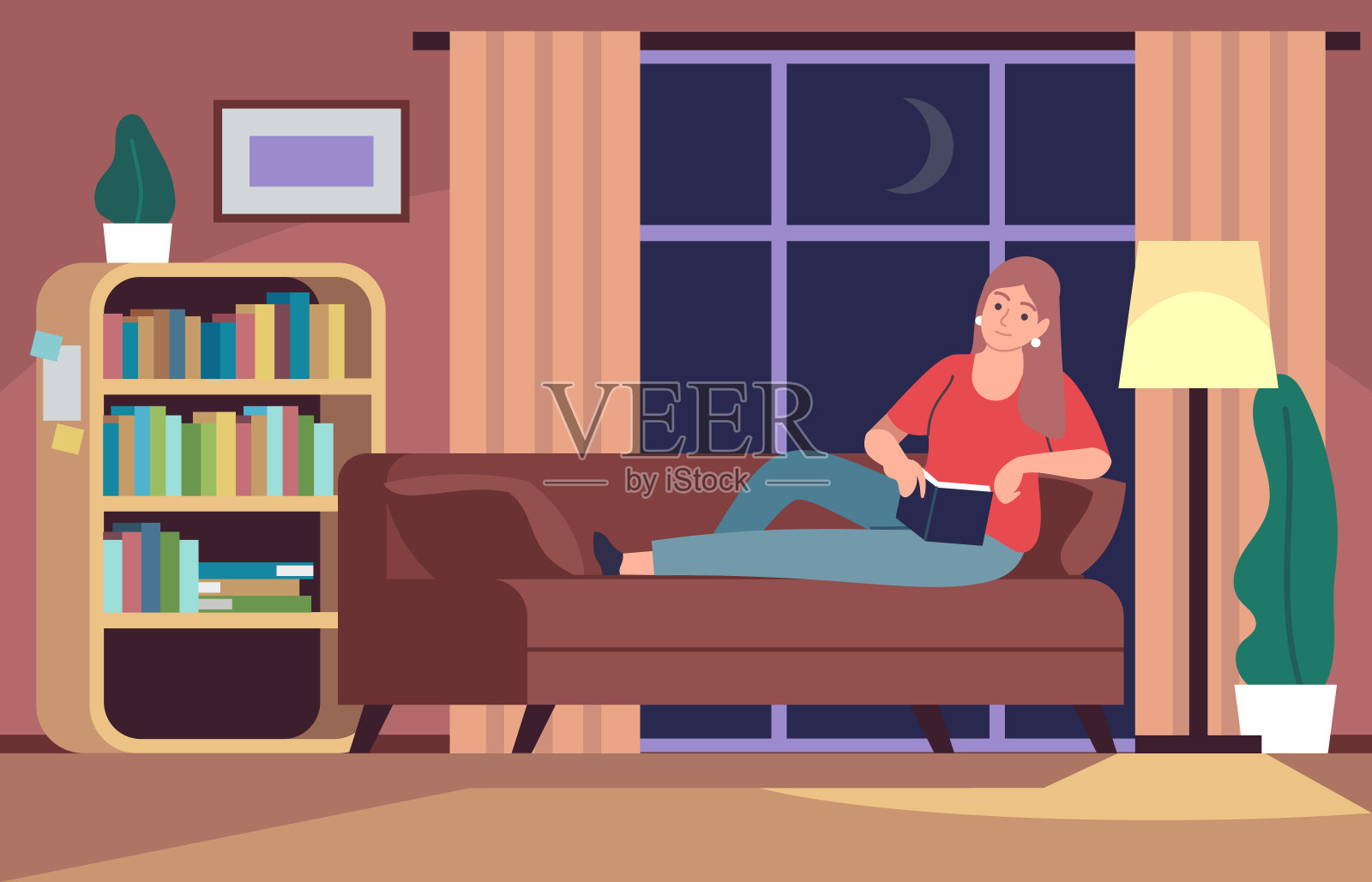 坐在沙发上看书的女人。小女孩在卧室沙发上灯光下看书，放松居家休息的平面矢量概念插画图片素材