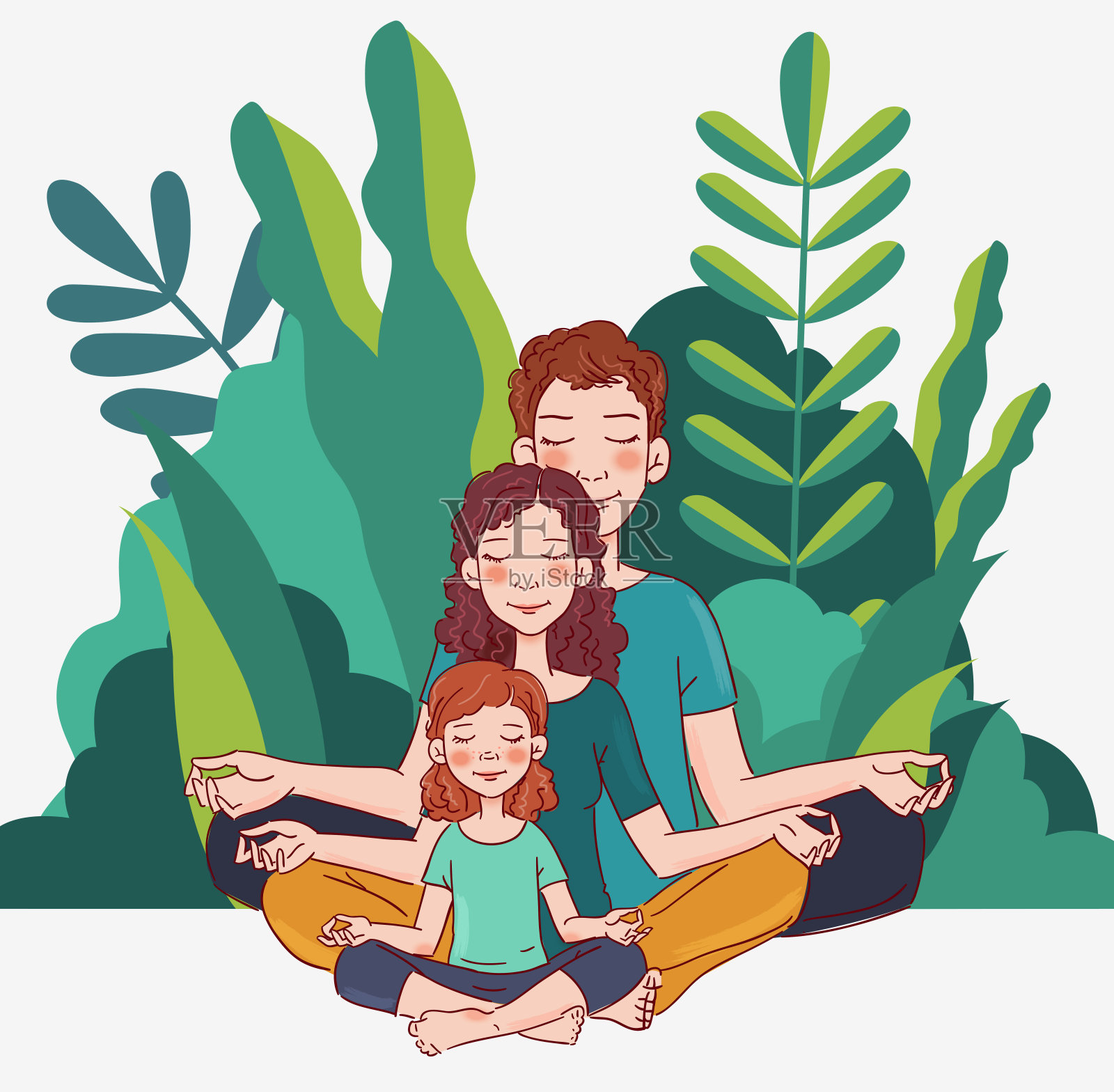 母亲，父亲和女儿在做瑜伽莲花姿势。家庭瑜伽矢量插图。年轻人在公园里放松。夏季景观背景插画图片素材