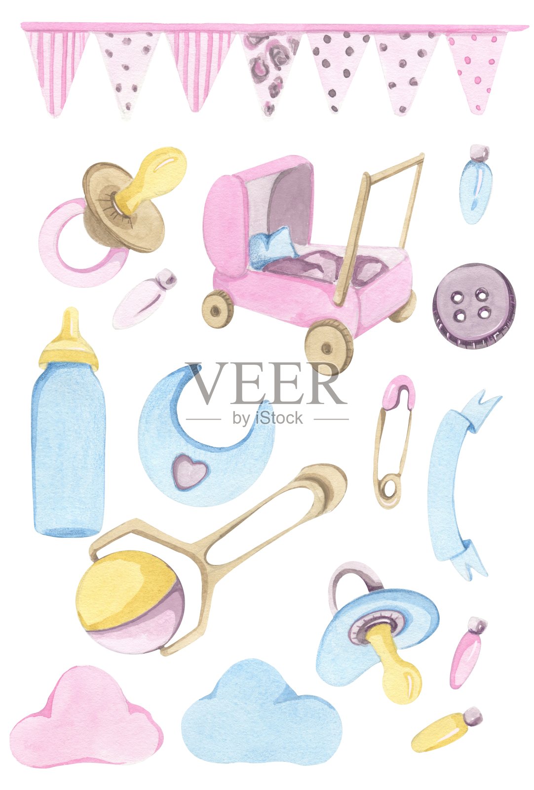 宝贝女儿，粉色和蓝色风格的东西和玩具。插画图片素材