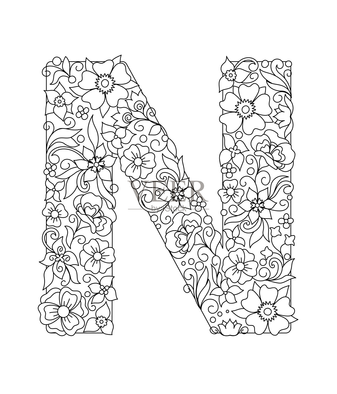 大写字母N与抽象的花图案设计元素图片