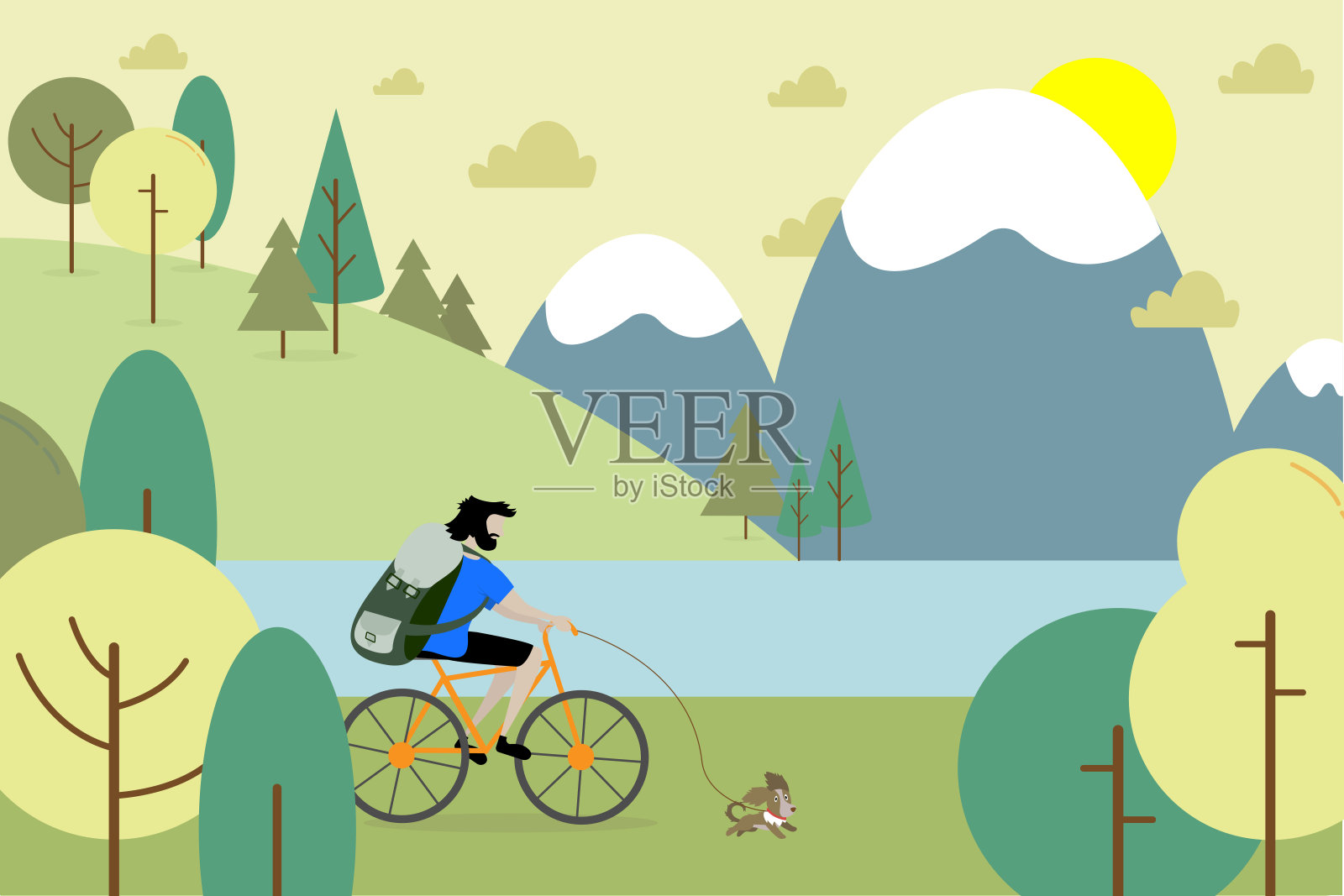 背着徒步背包的男人骑着自行车和狗。自然景观，山川、河流、丘陵。插画图片素材
