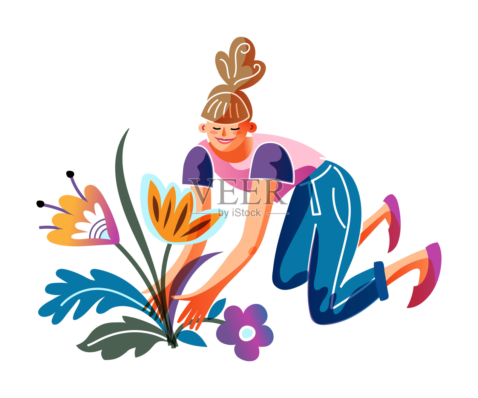 在苗床上种花的女人坐在地上插画图片素材
