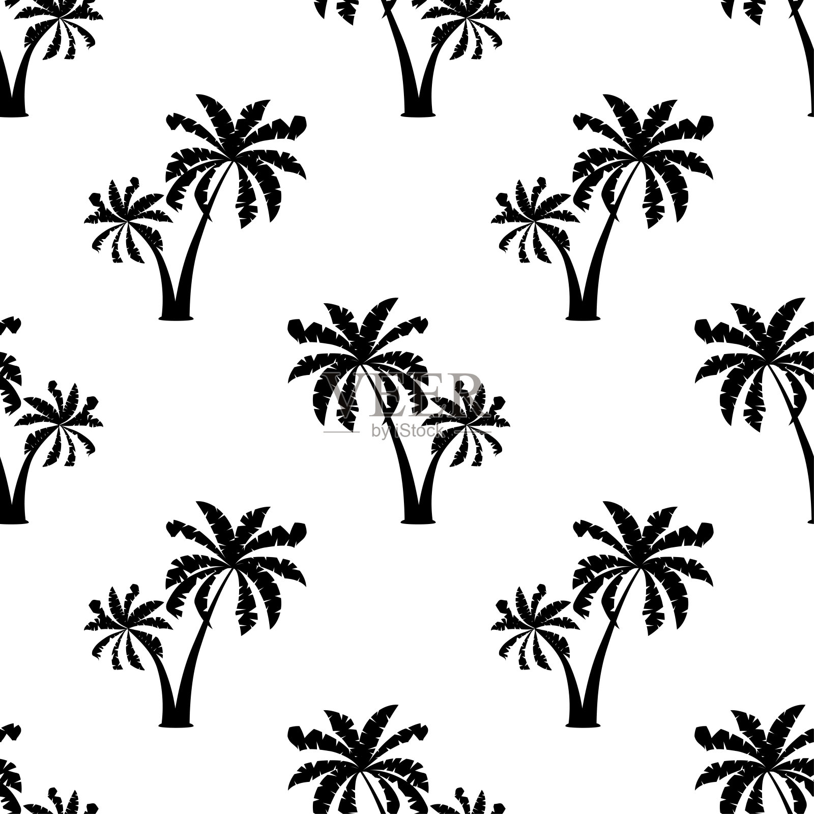 黑色棕榈树轮廓无缝模式孤立在白色背景。插画图片素材