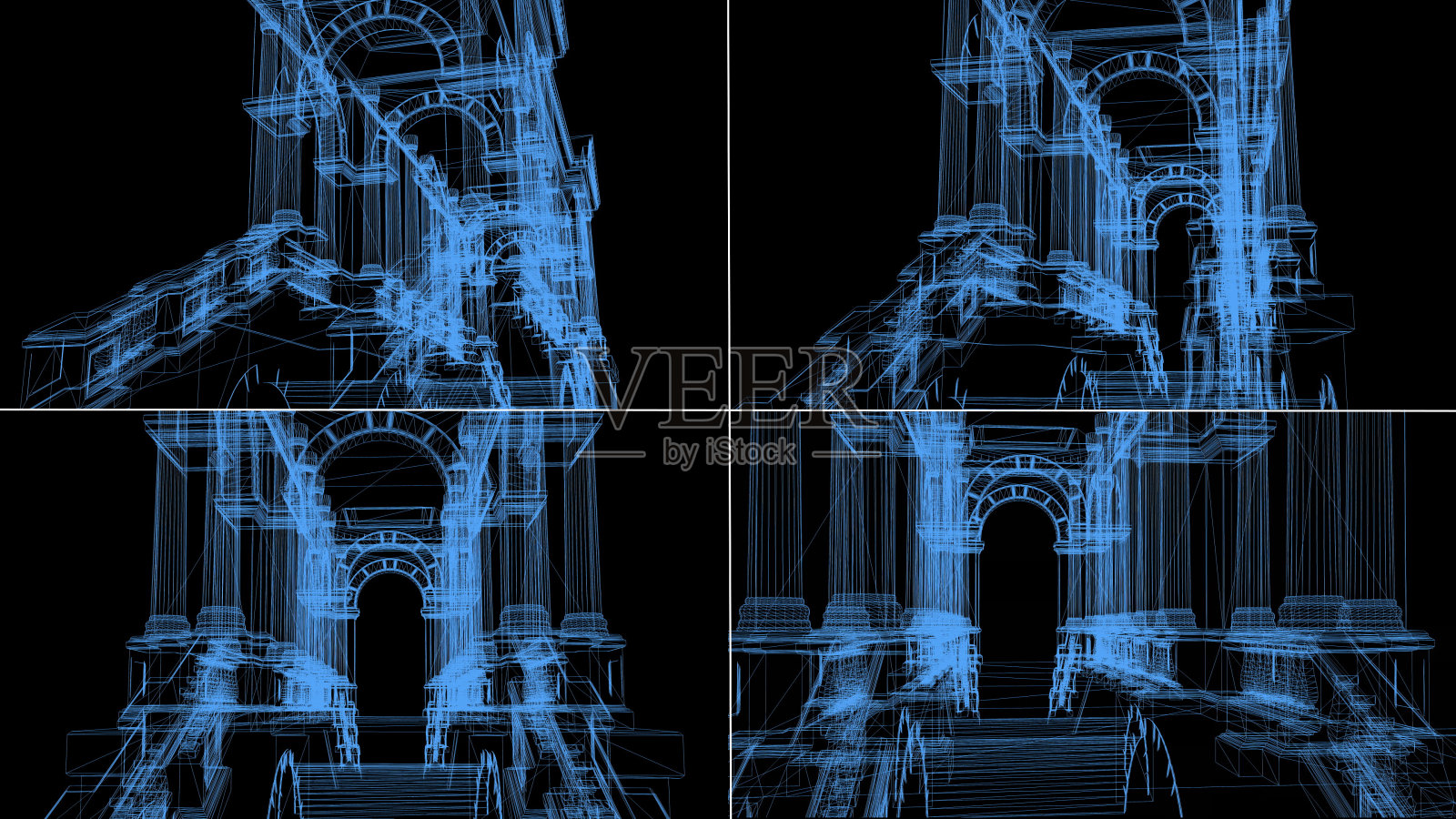 蓝色线框模型的富丽堂皇的宫殿与柱在黑色的背景照片摄影图片