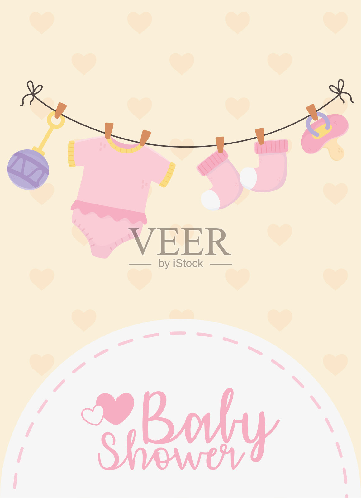 婴儿送礼会，粉红色的挂紧身衣袜子安抚奶嘴老鼠庆祝卡插画图片素材