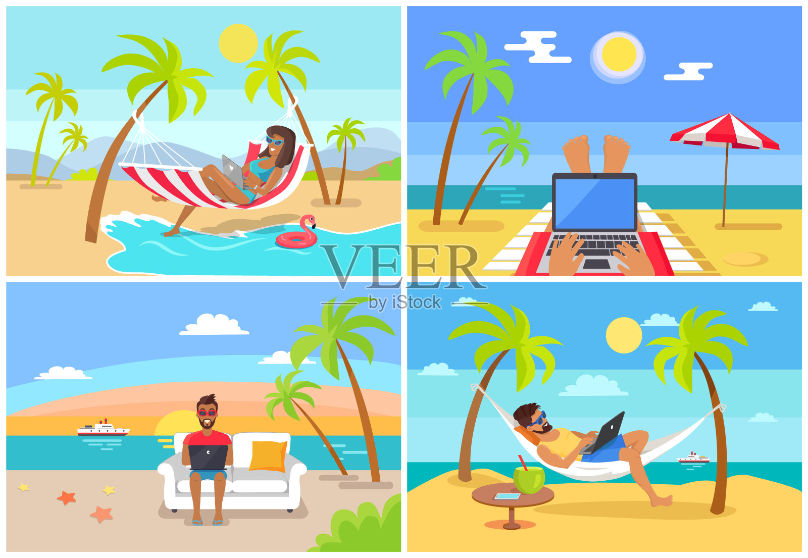 带着笔记本电脑在海边海滩工作的自由职业者插画图片素材