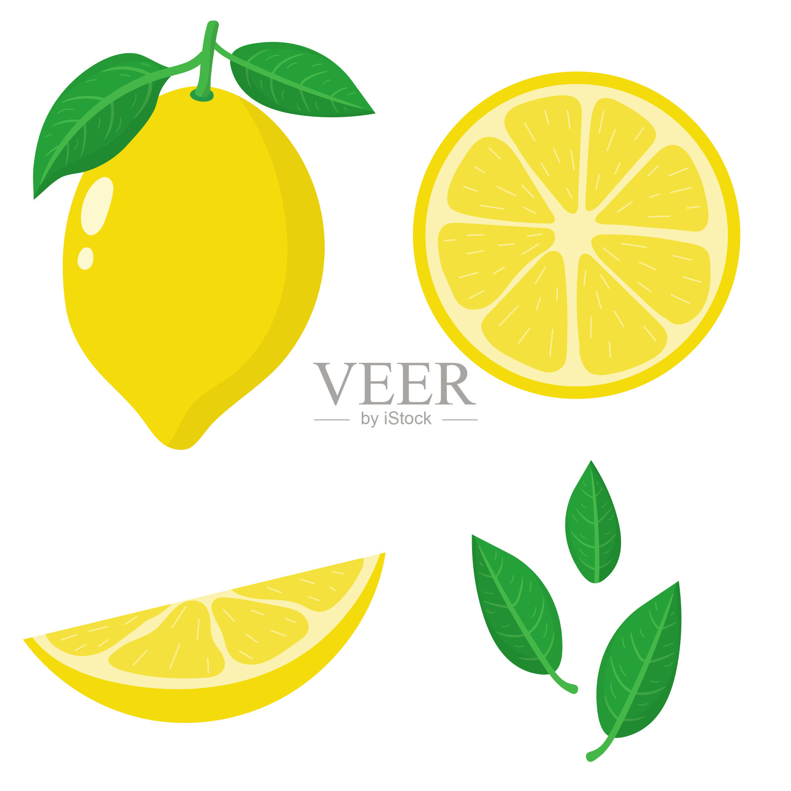 一组新鲜的整体，一半，切成片和叶子柠檬水果孤立在白色的背景。夏日水果，健康生活方式。有机水果。卡通风格。矢量插图为任何设计。设计元素图片