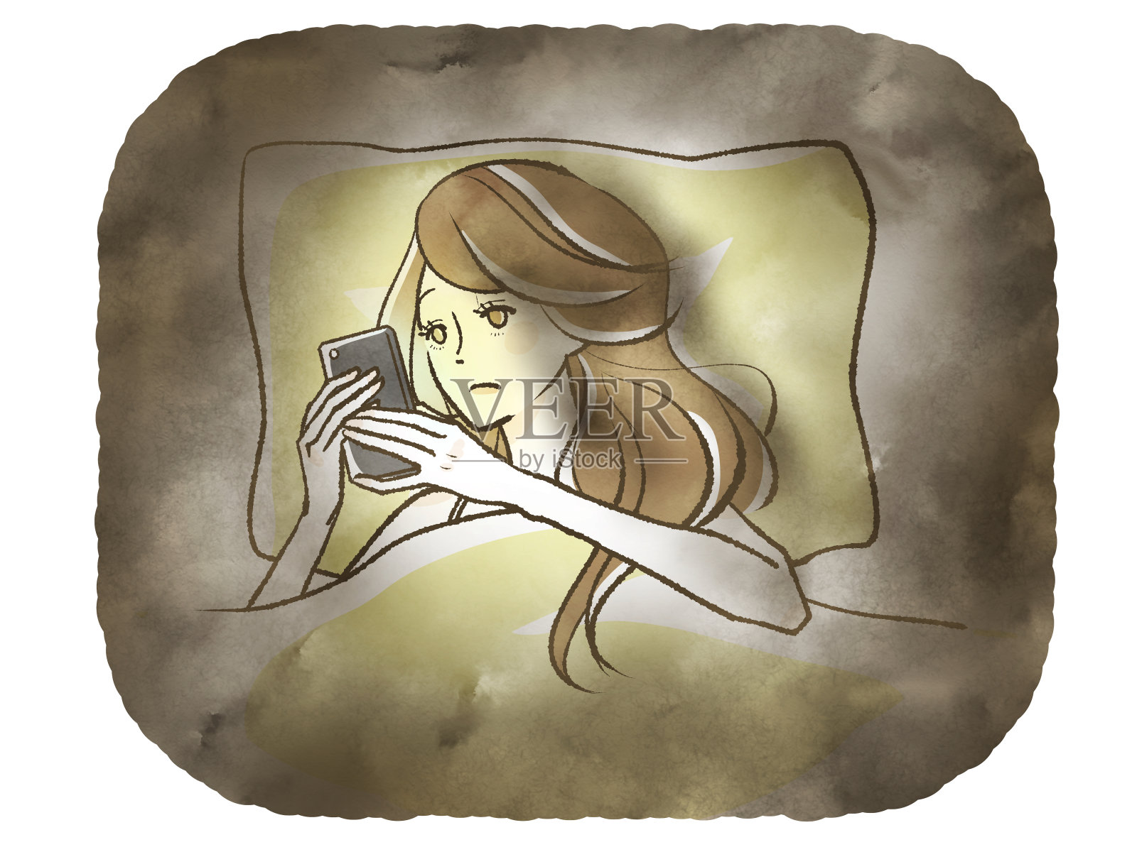 一个女人在黑暗中操作智能手机插画图片素材
