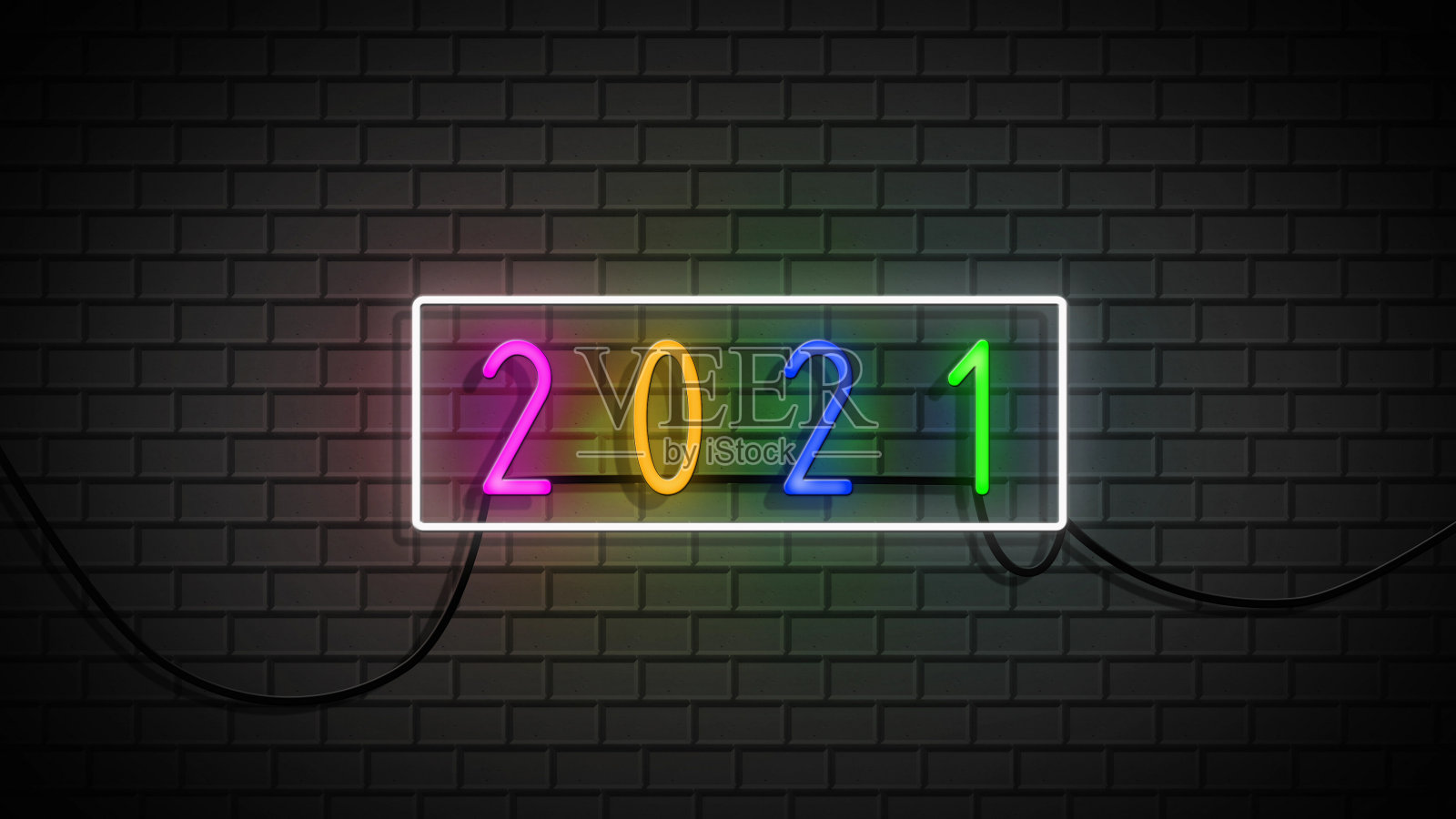 砖墙上挂着2021年新年的霓虹灯照片摄影图片