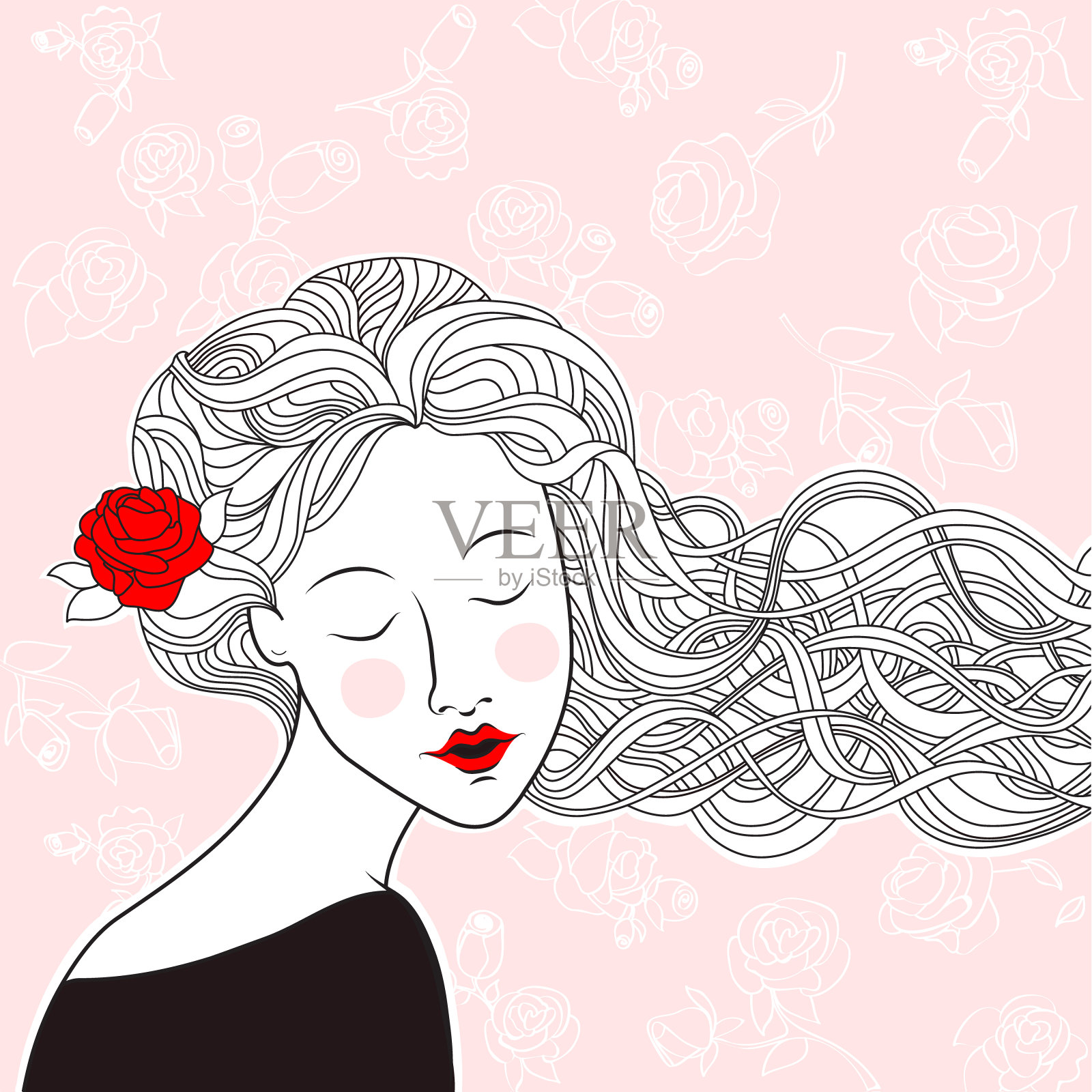 一头玫瑰发的漂亮姑娘插画图片素材