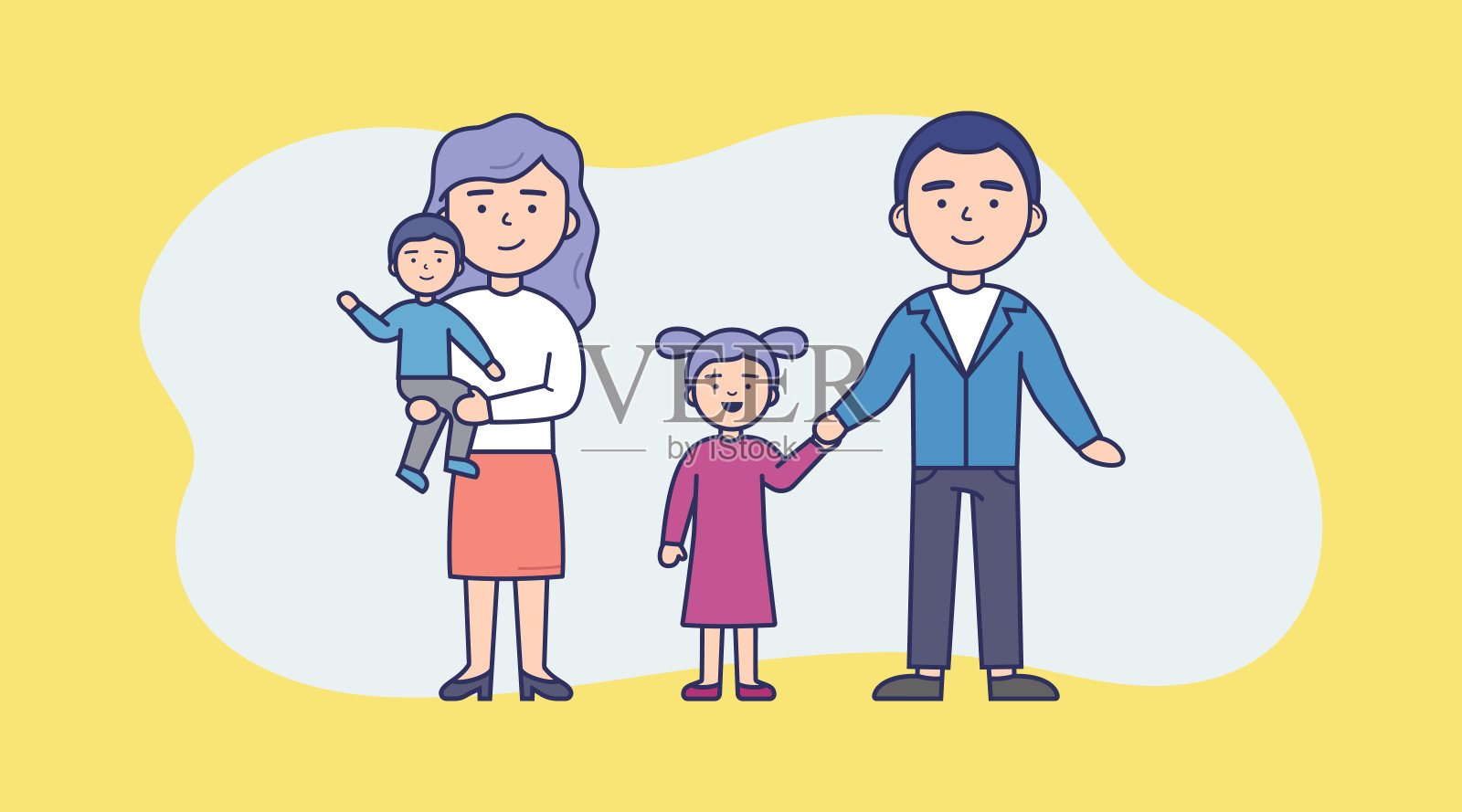 家庭的概念。在抽象的背景上，一个年轻快乐的家庭站在一起。父亲牵女儿的手，母亲抱儿子。卡通线性轮廓平面风格矢量插图插画图片素材