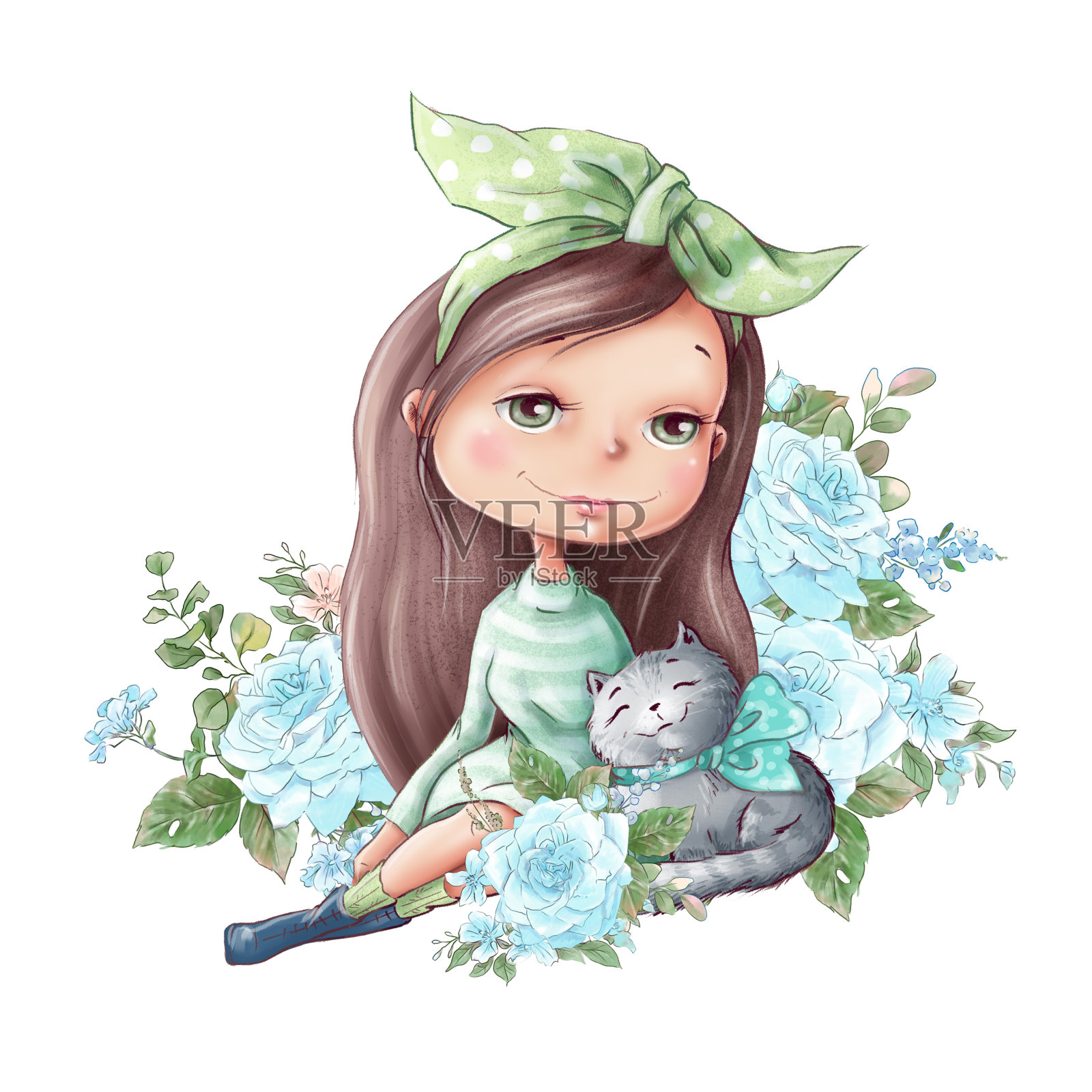 水彩插图可爱的卡通女孩与精致的玫瑰花插画图片素材
