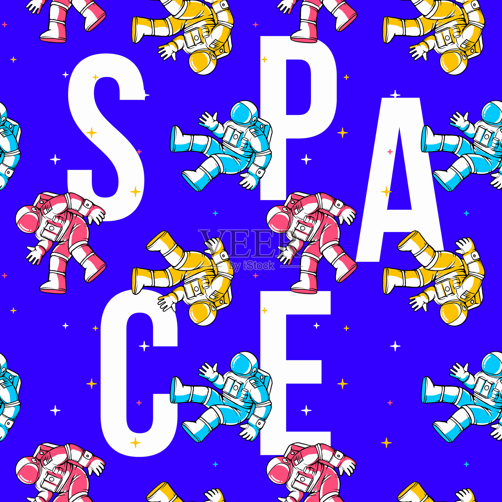 向量创意无缝模式与文字空间和宇航员探索外太空。宇航员穿着太空服在蓝色星空背景下进行太空行走。插画图片素材