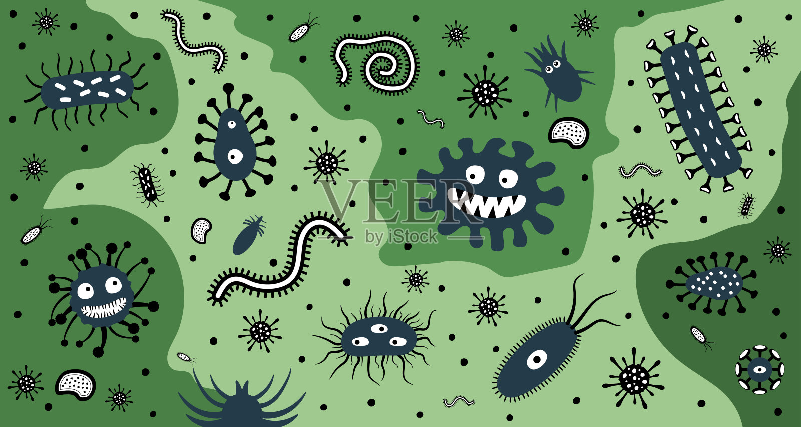 细菌和细菌。肠道中的病毒和寄生虫。致病性环境微生物群落。矢量图插画图片素材