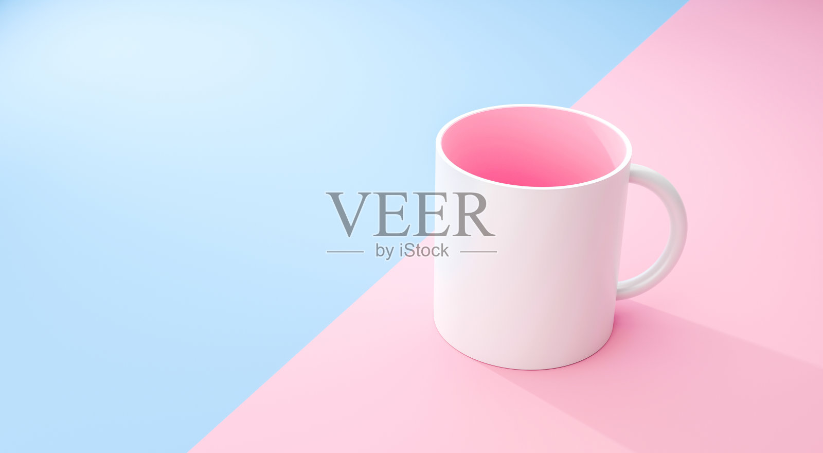 经典的白色马克杯和粉红色内在柔和的夏季背景与空白模板模型风格。空杯子或饮料杯。3 d渲染。插画图片素材