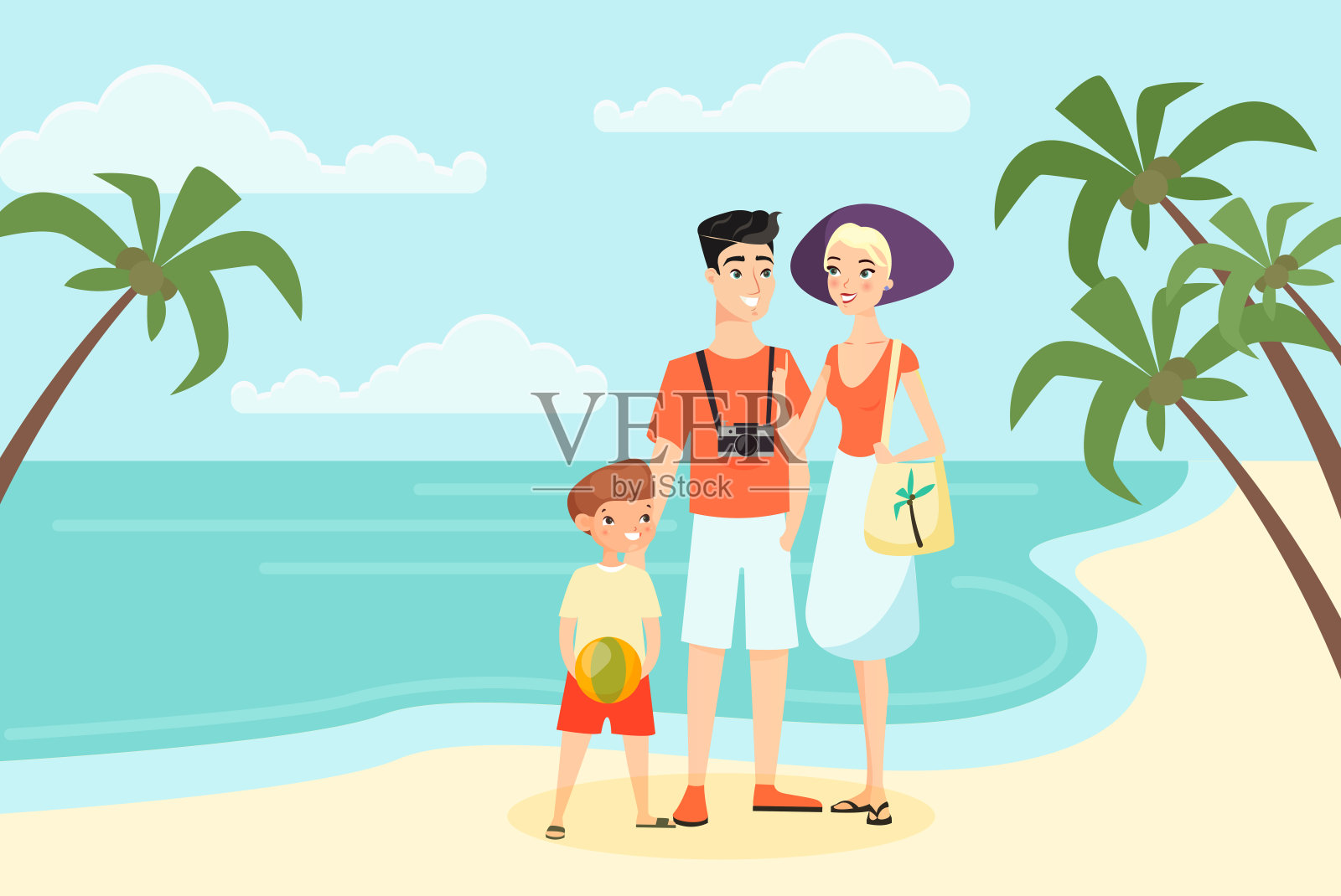 家庭度假由海洋或海洋平面卡通色彩矢量插图插画图片素材