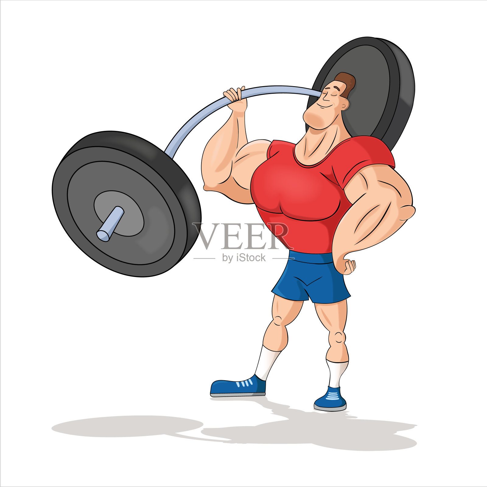 年轻人，男性健美者，举重运动员做二头肌锻炼，用重量训练手臂，卡通矢量图孤立在白色背景。男健美运动员做二头肌锻炼插画图片素材
