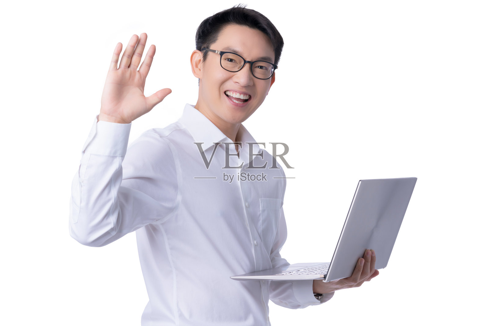 商务沟通的理念概念与亚洲有吸引力的男性白衬衫手持笔记本电脑微笑和幸福的手势pose快乐的时刻照片摄影图片
