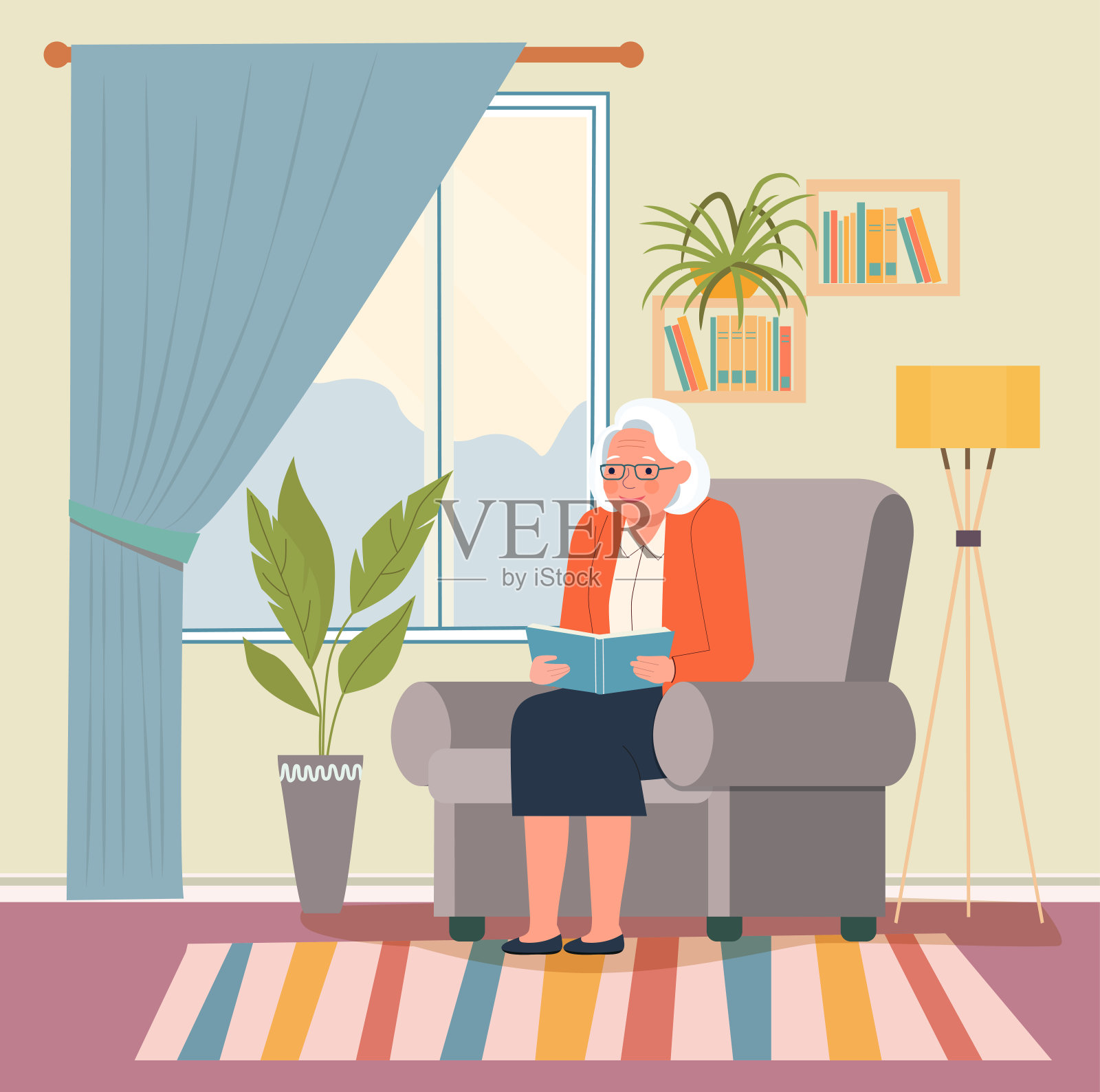 老妇人正舒舒服服地坐在椅子上看书。矢量平面插图插画图片素材