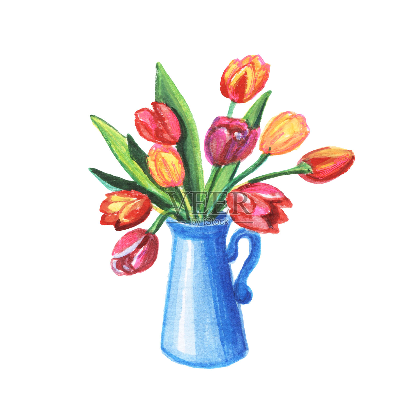 花瓶里的一束郁金香。水彩插图孤立的白色背景。设计元素图片